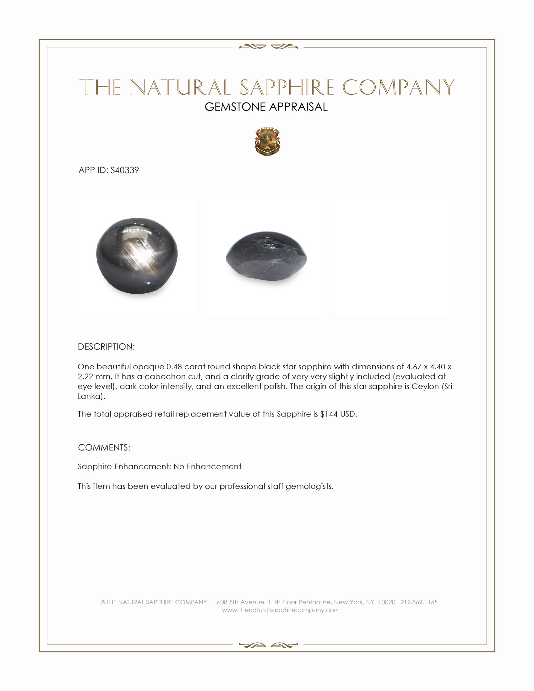 0.48 Ct. Black Star Sapphire from Ceylon (Sri Lanka)