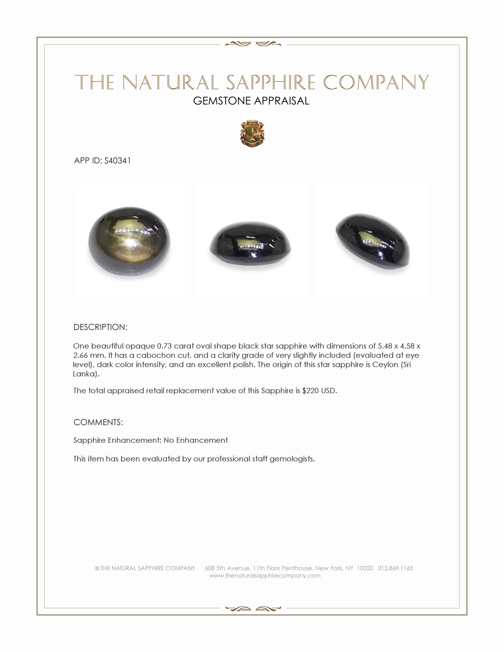 0.73 Ct. Black Star Sapphire from Ceylon (Sri Lanka)