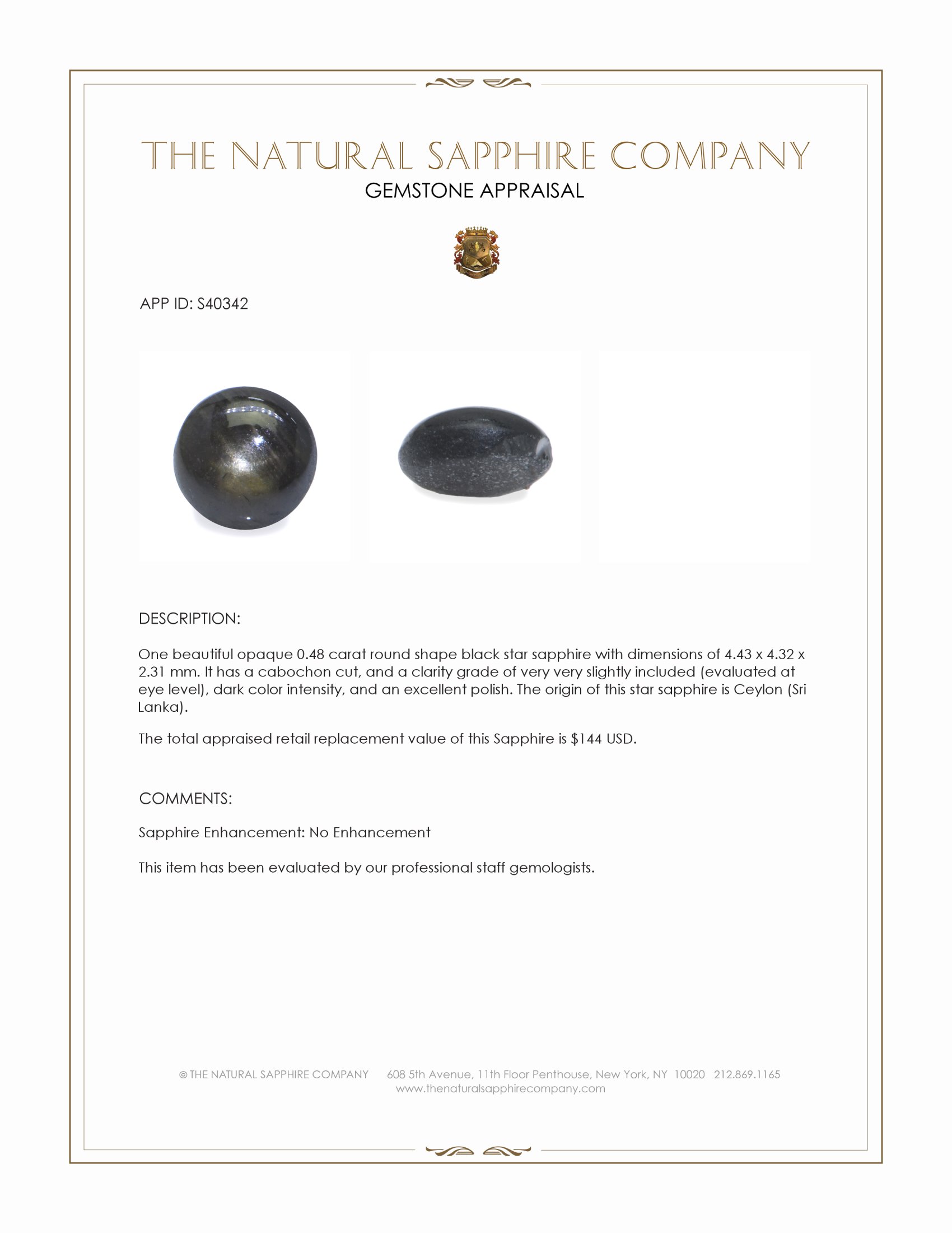 0.48 Ct. Black Star Sapphire from Ceylon (Sri Lanka)