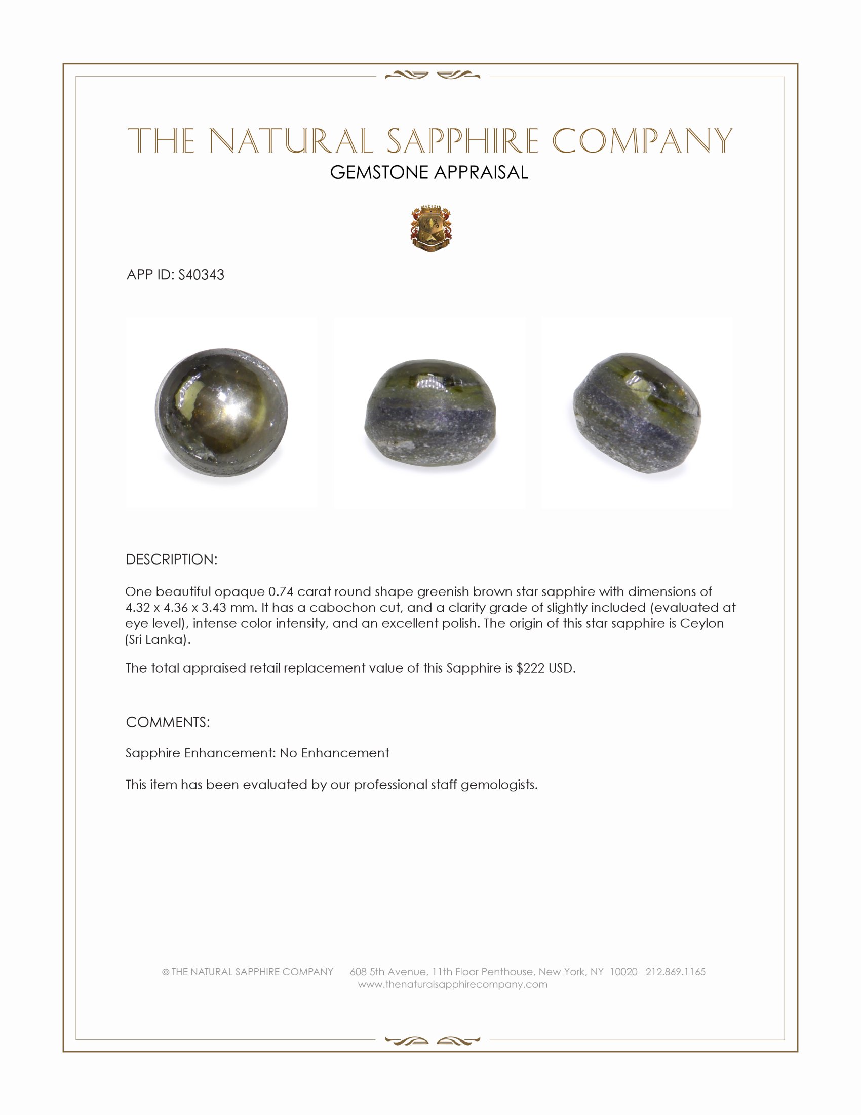 0.74 Ct. Greenish Brown Star Sapphire from Ceylon (Sri Lanka)