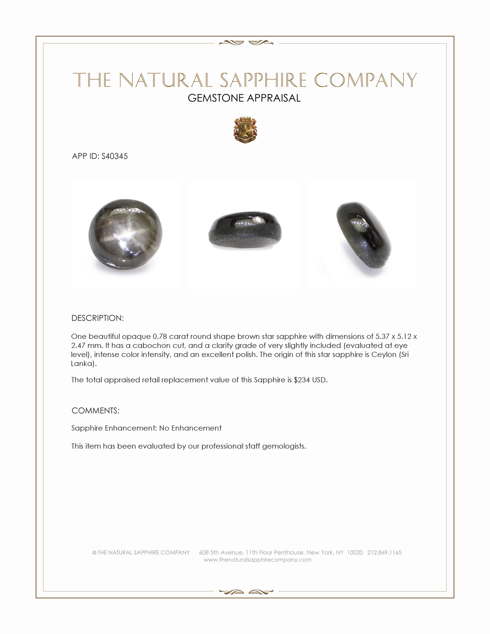 0.78 Ct. Brown Star Sapphire from Ceylon (Sri Lanka)