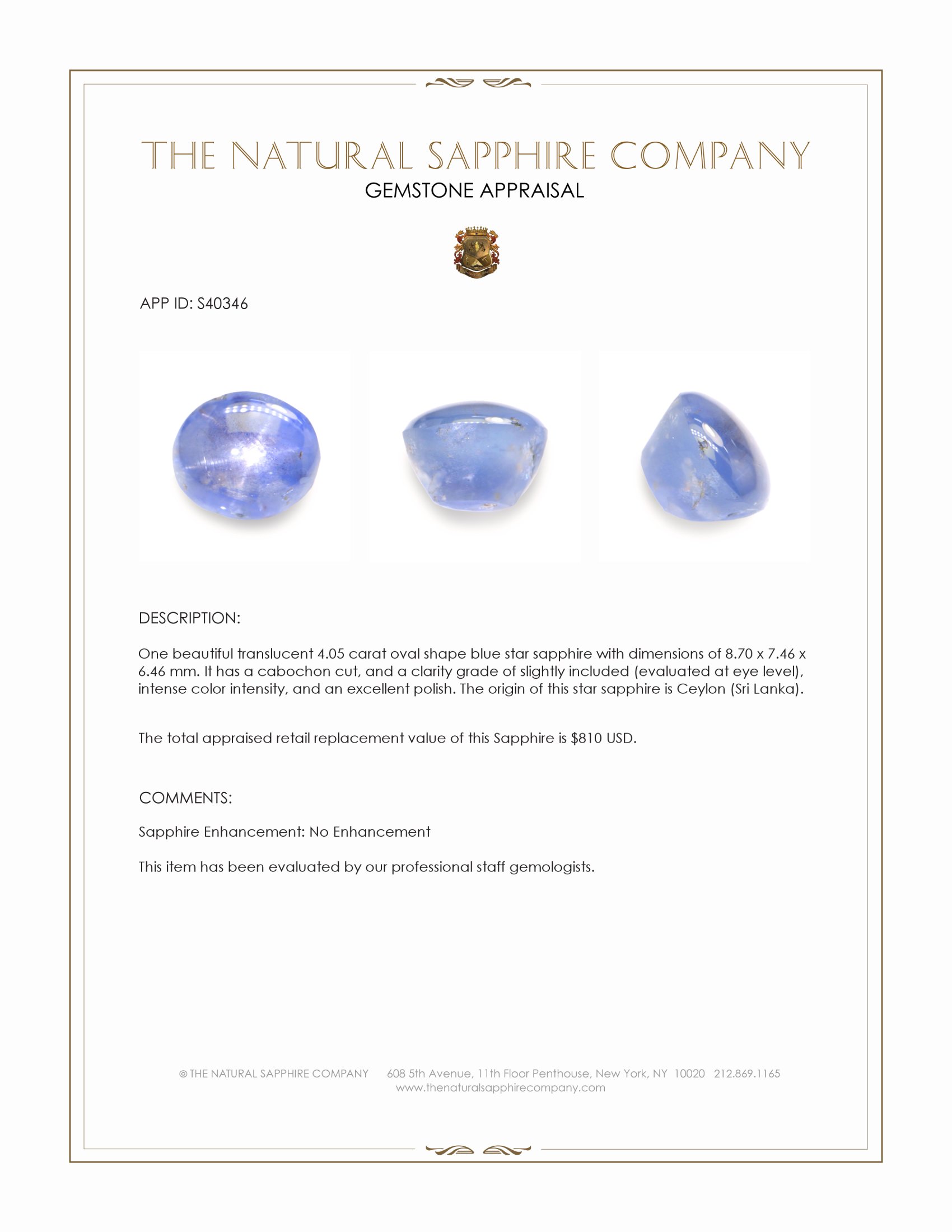 4.05 Ct. Blue Star Sapphire from Ceylon (Sri Lanka)