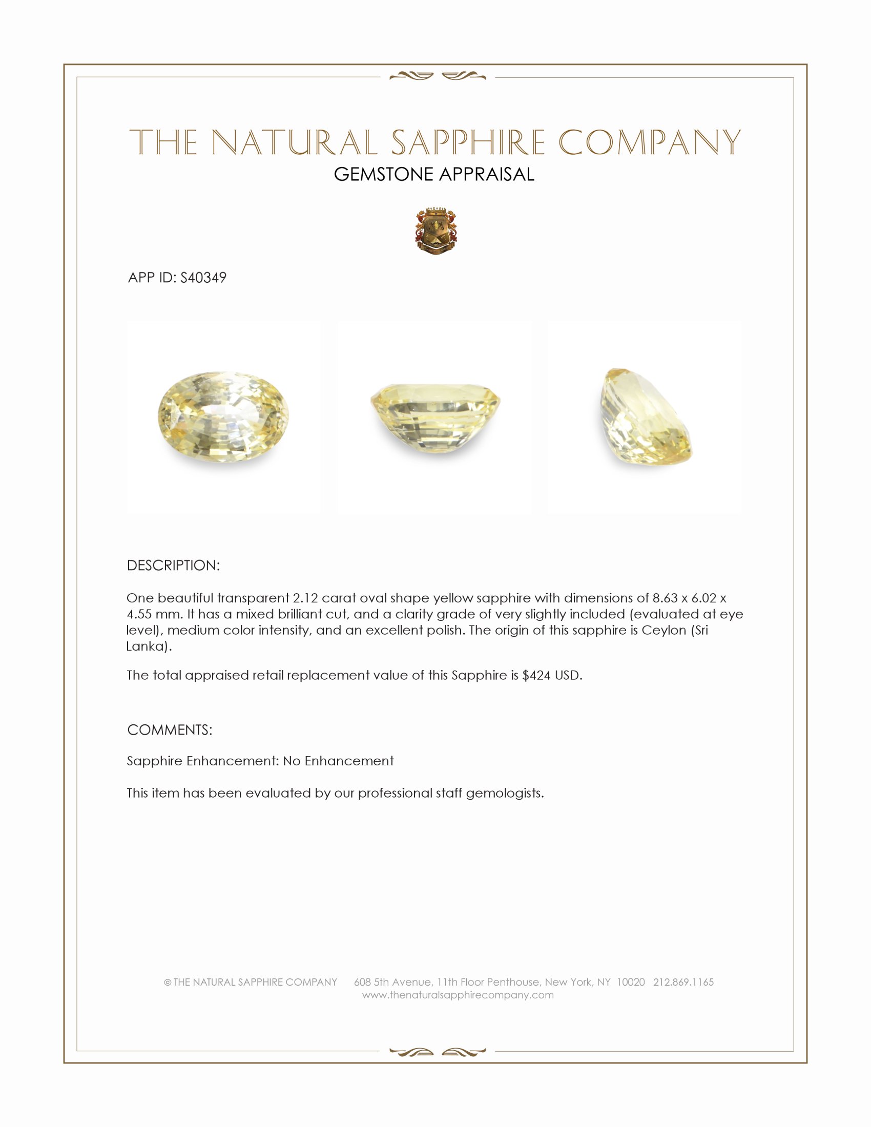 2.12 Ct. Yellow Sapphire from Ceylon (Sri Lanka)