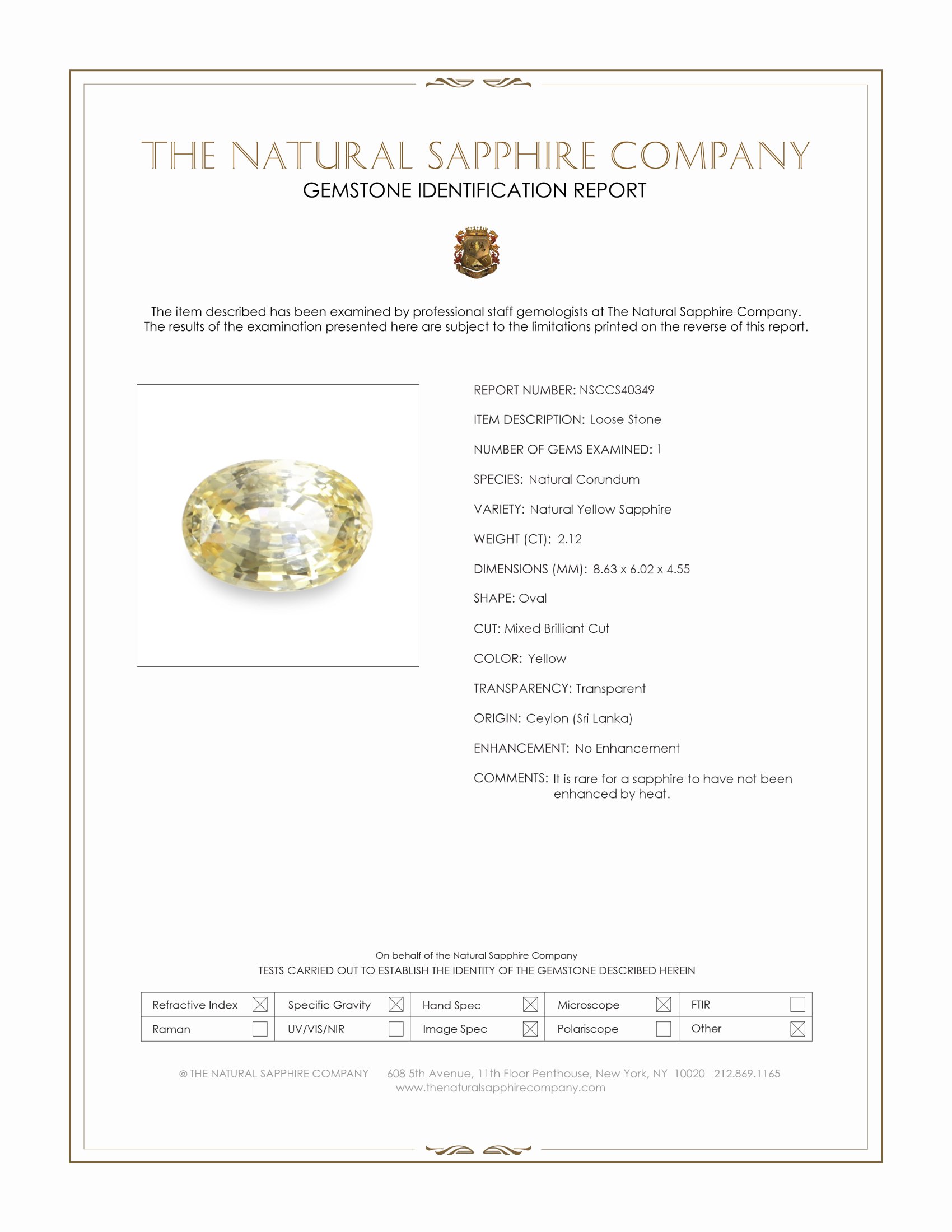 2.12 Ct. Yellow Sapphire from Ceylon (Sri Lanka)