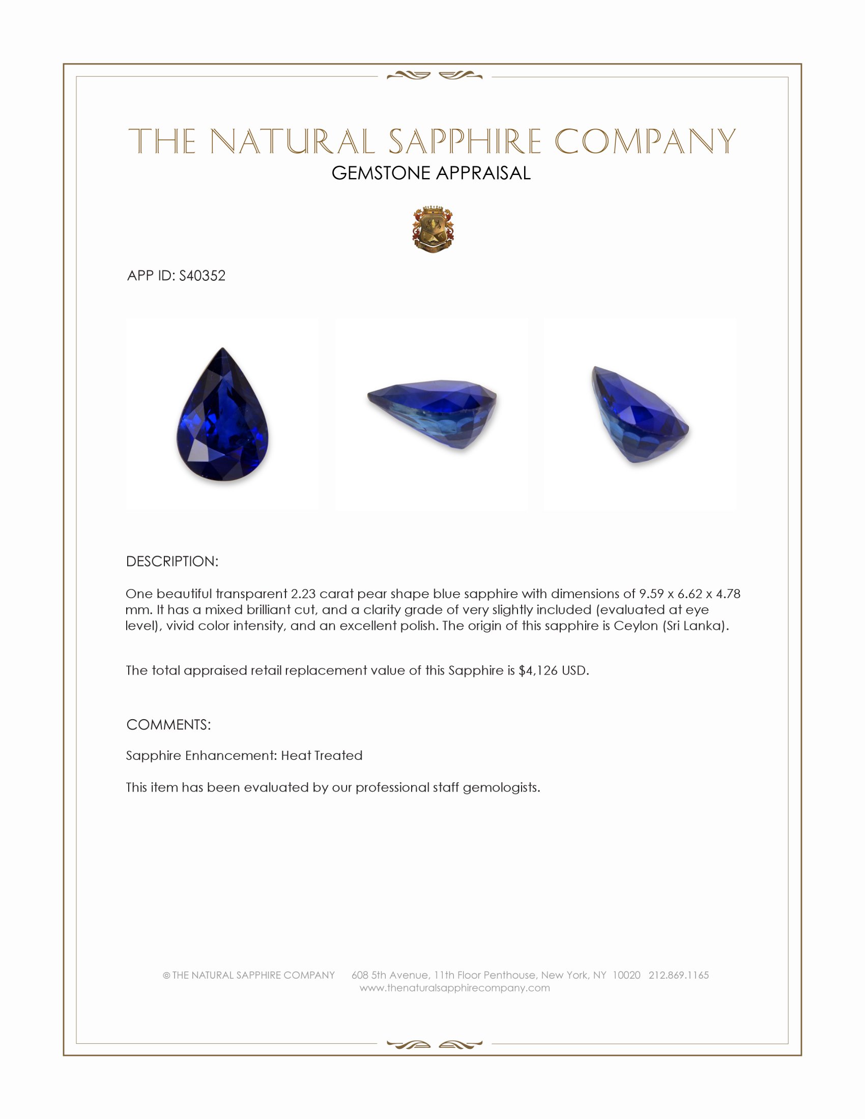 2.23 Ct. Blue Sapphire from Ceylon (Sri Lanka)