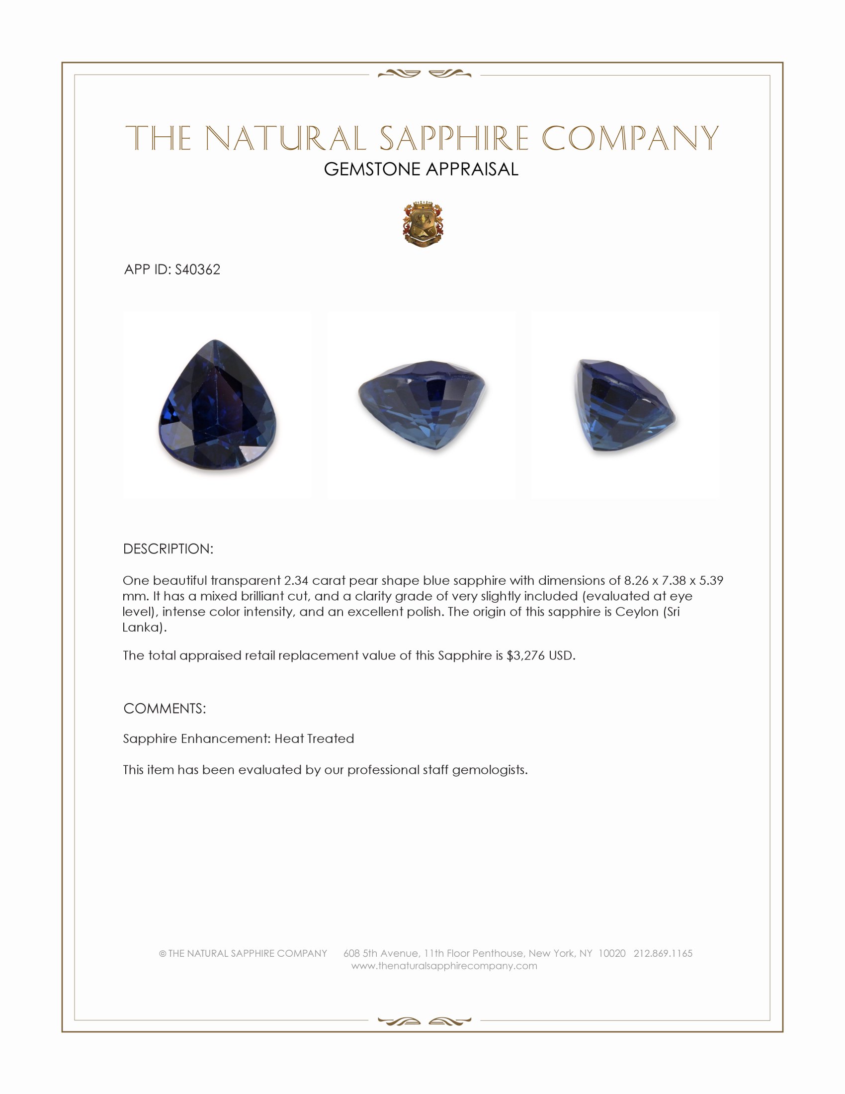 2.34 Ct. Blue Sapphire from Ceylon (Sri Lanka)