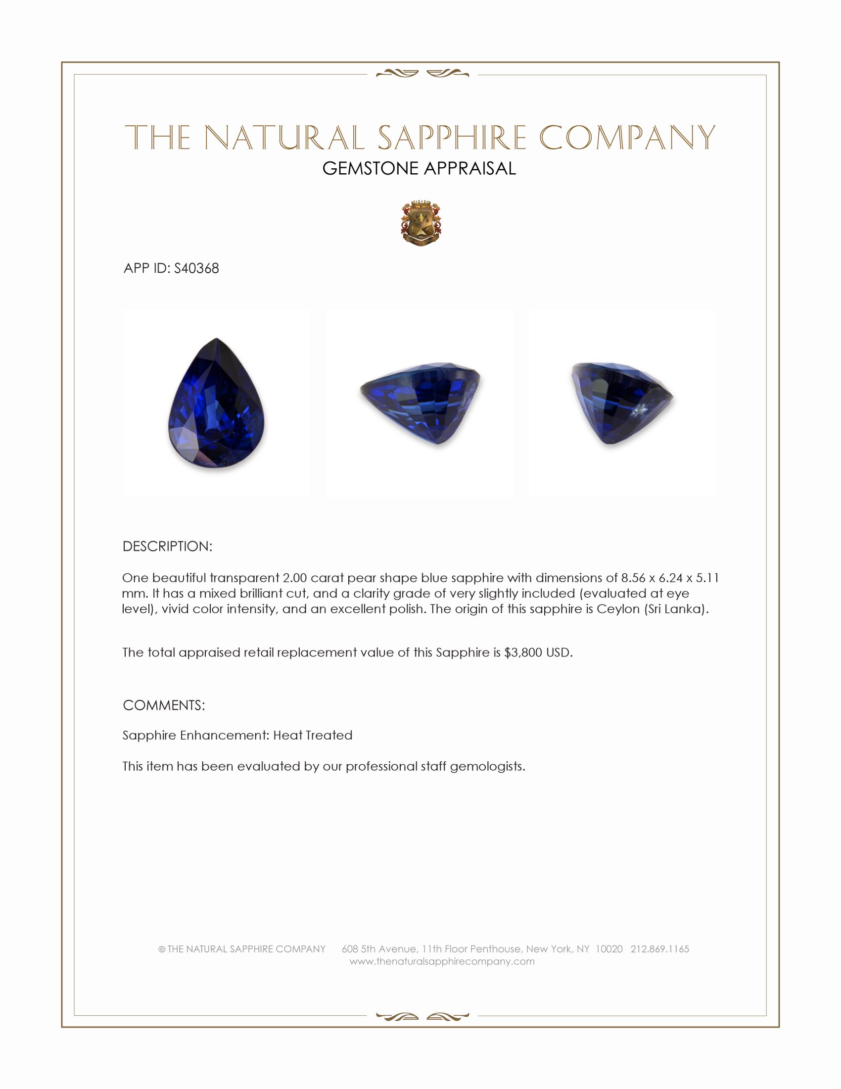 2.00 Ct. Blue Sapphire from Ceylon (Sri Lanka)