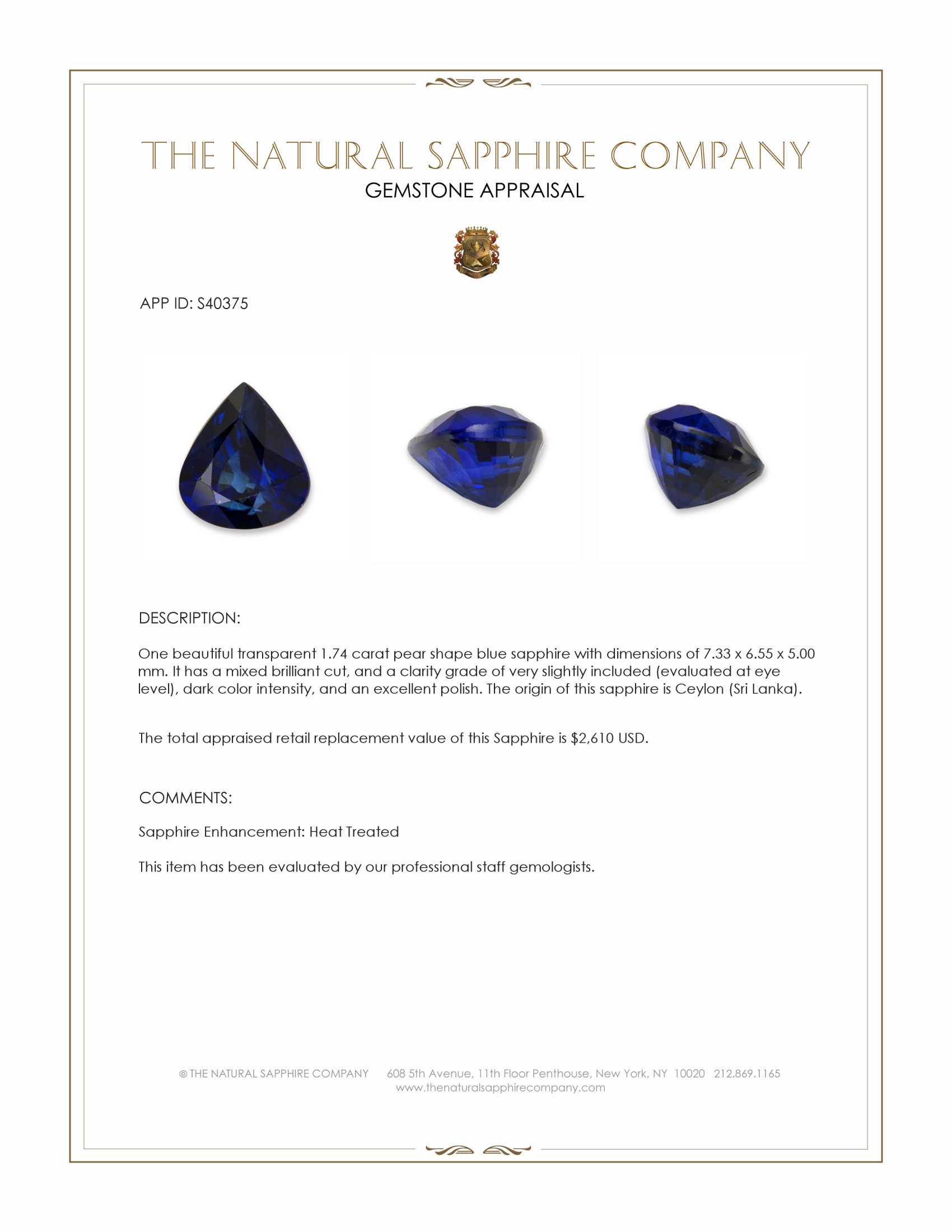 1.74 Ct. Blue Sapphire from Ceylon (Sri Lanka)