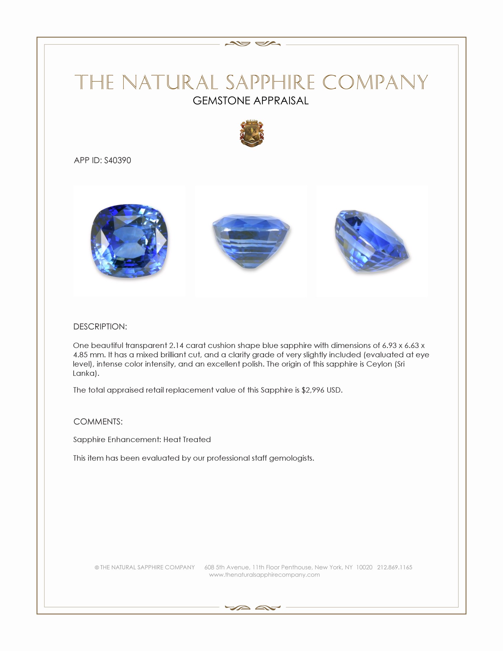 2.14 Ct. Blue Sapphire from Ceylon (Sri Lanka)