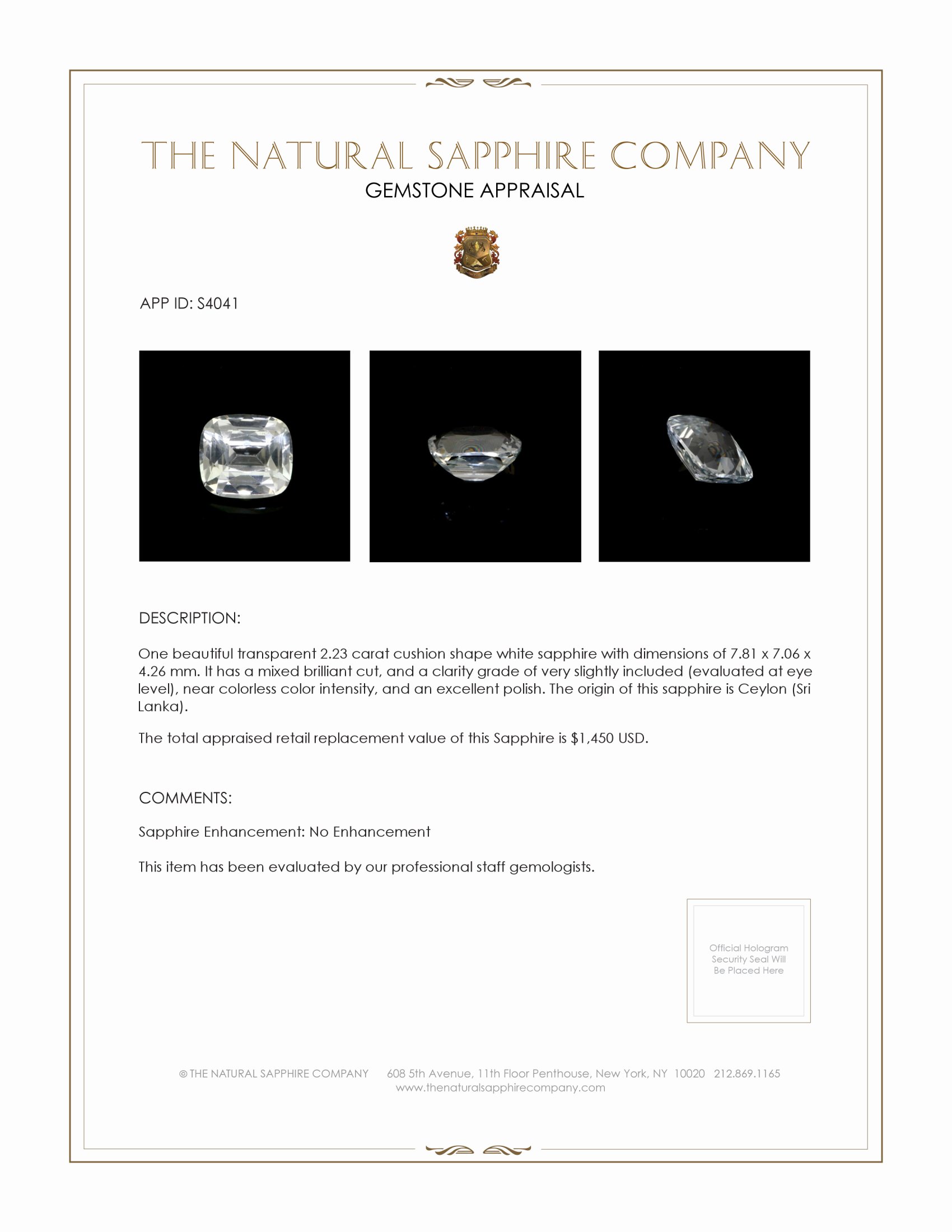 2.23 Ct. White Sapphire from Ceylon (Sri Lanka)