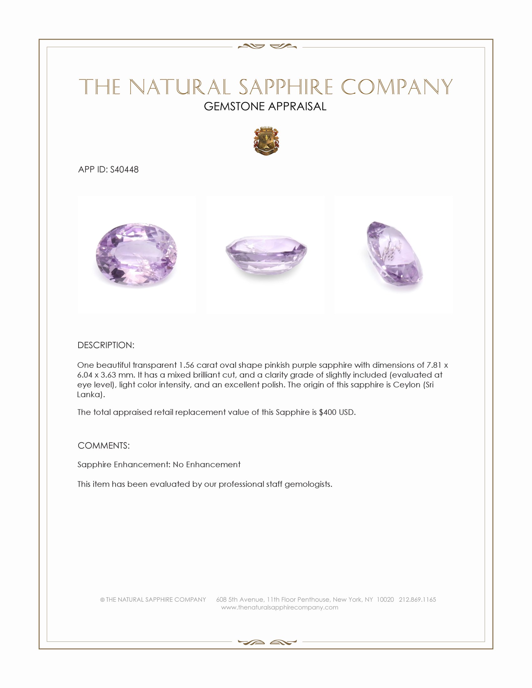 1.56 Ct. Pinkish Purple Sapphire from Ceylon (Sri Lanka)