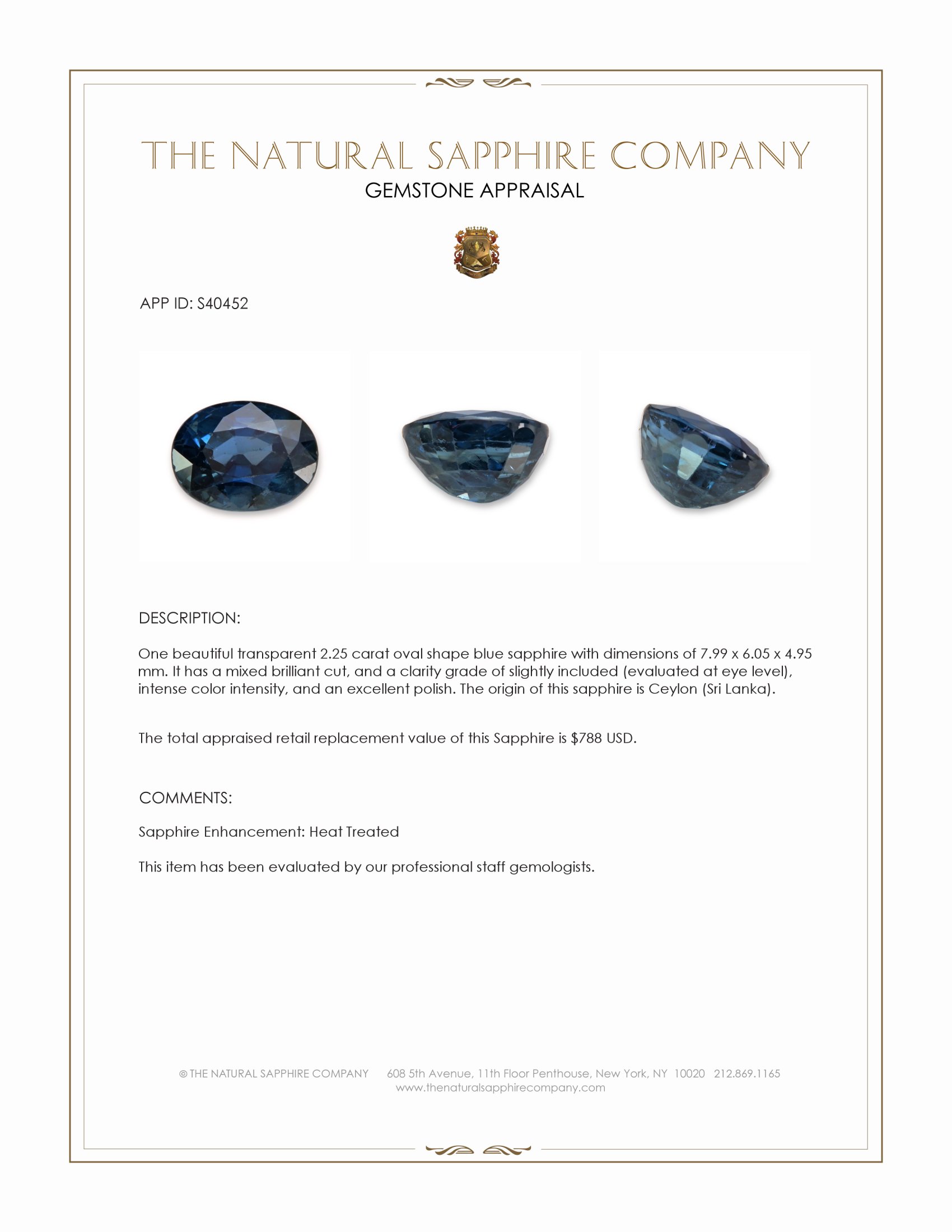 2.25 Ct. Blue Sapphire from Ceylon (Sri Lanka)