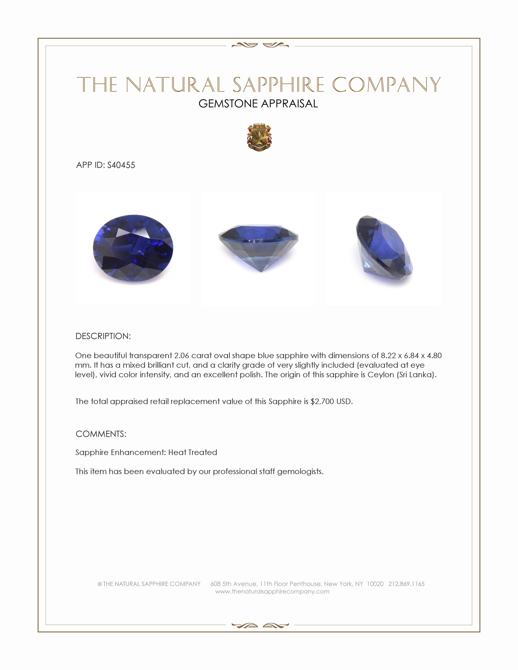 2.06 Ct. Blue Sapphire from Ceylon (Sri Lanka)