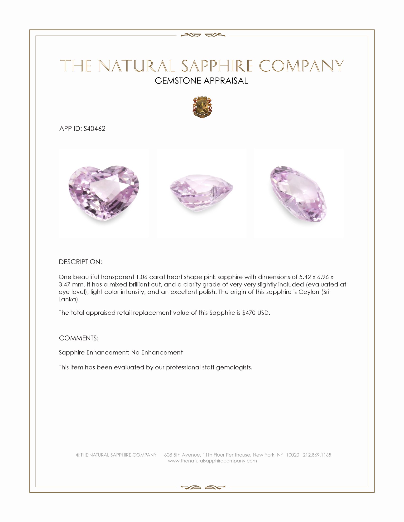 1.06 Ct. Pink Sapphire from Ceylon (Sri Lanka)