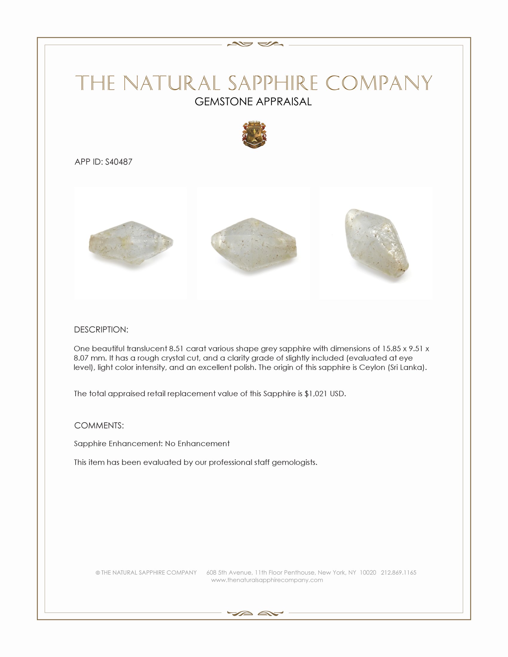 8.51 Ct. Grey Sapphire from Ceylon (Sri Lanka)