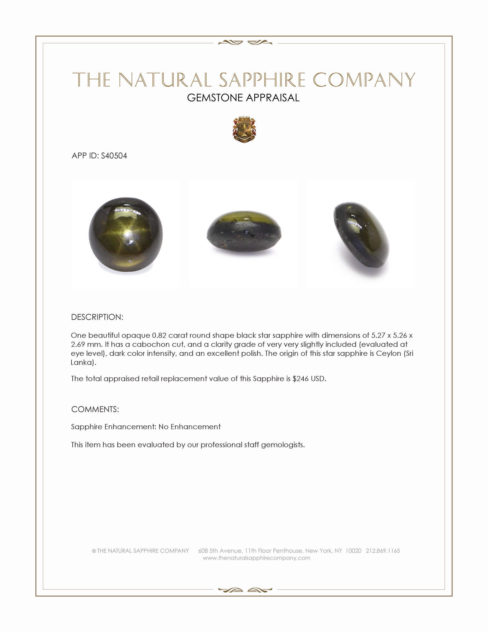 0.82 Ct. Black Star Sapphire from Ceylon (Sri Lanka)