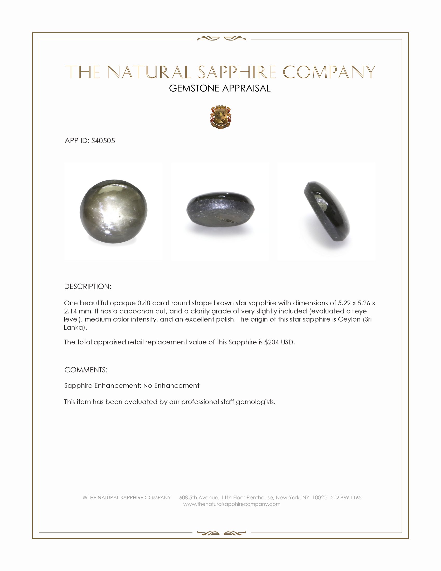 0.68 Ct. Brown Star Sapphire from Ceylon (Sri Lanka)