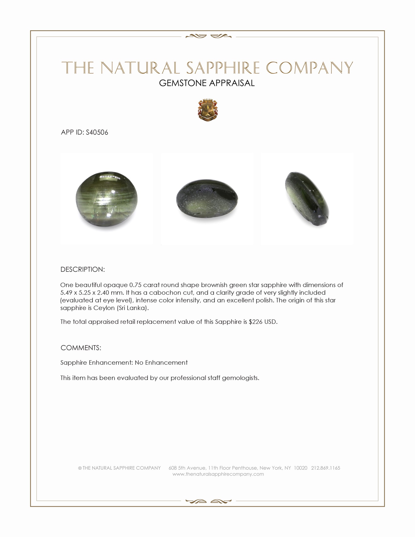 0.75 Ct. Brownish Green Star Sapphire from Ceylon (Sri Lanka)
