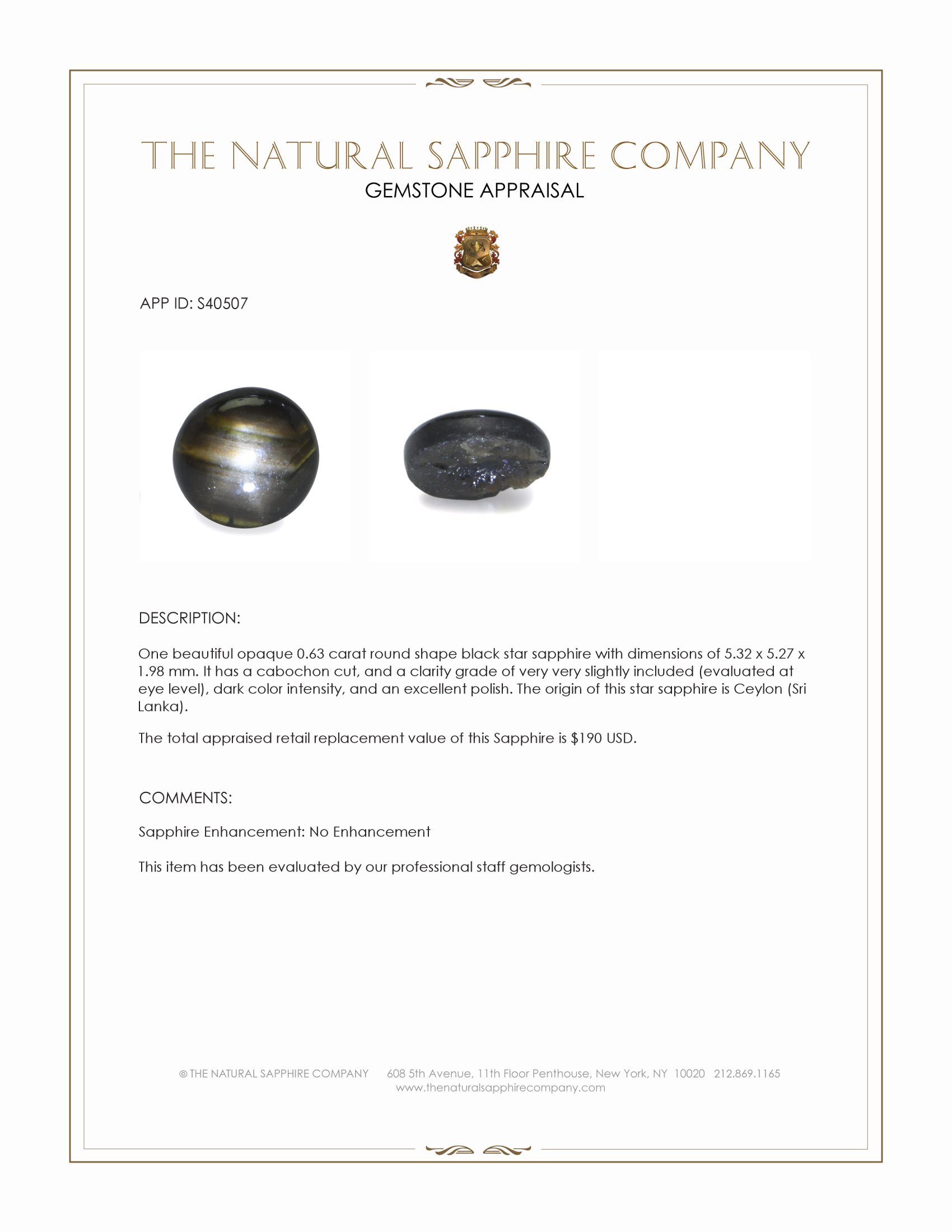 0.63 Ct. Black Star Sapphire from Ceylon (Sri Lanka)
