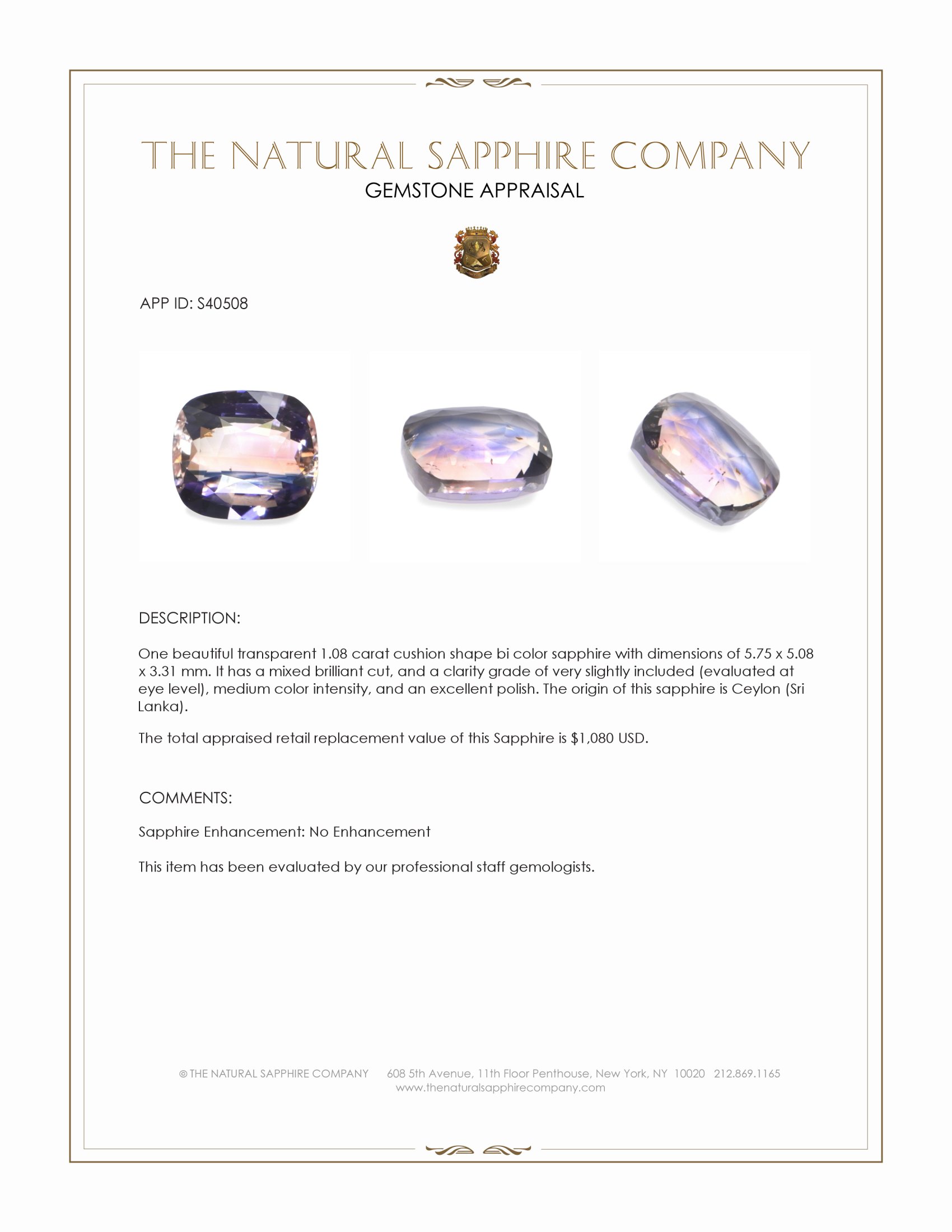 1.08 Ct. Bi Color Sapphire from Ceylon (Sri Lanka)