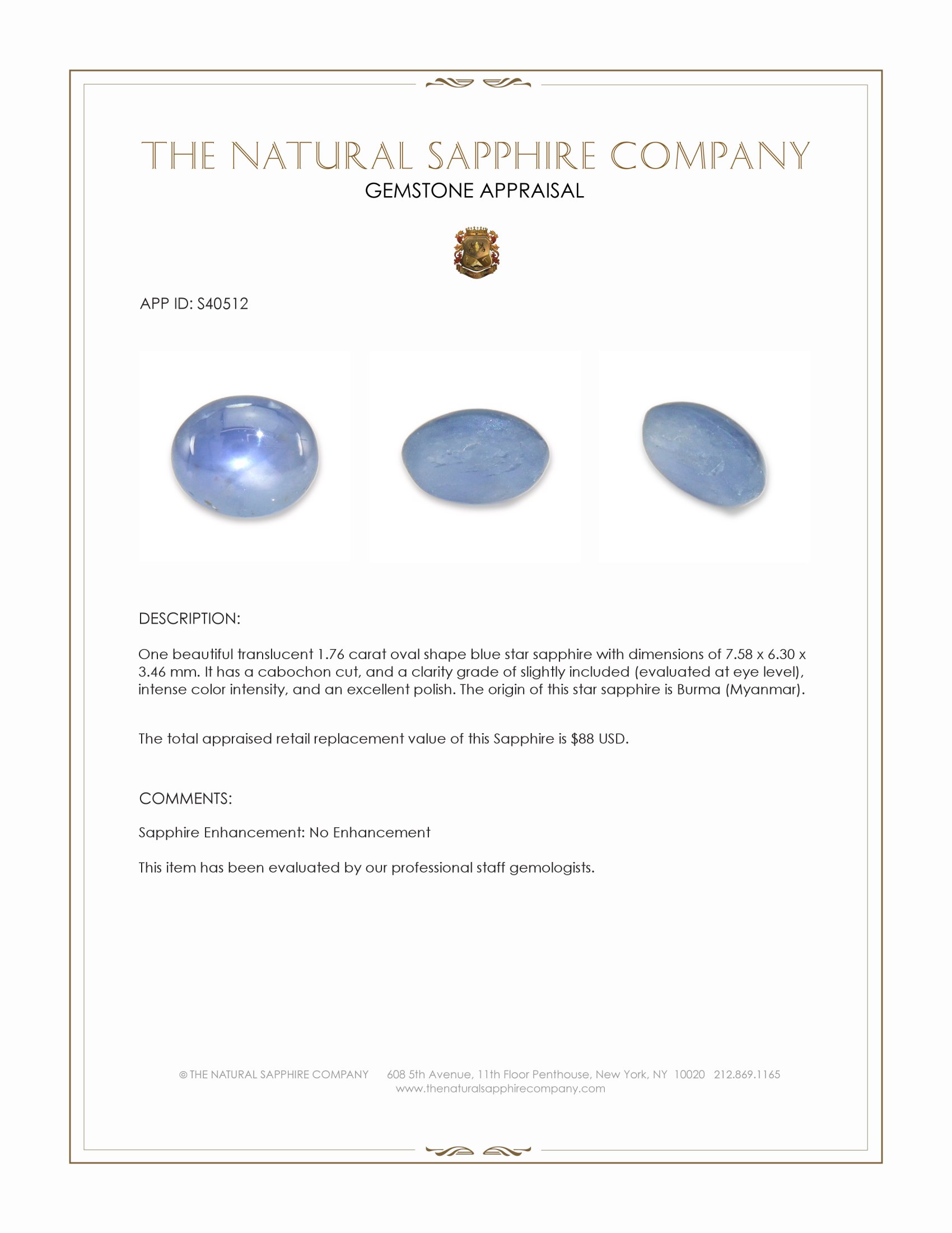 1.76 Ct. Blue Star Sapphire from Burma (Myanmar)