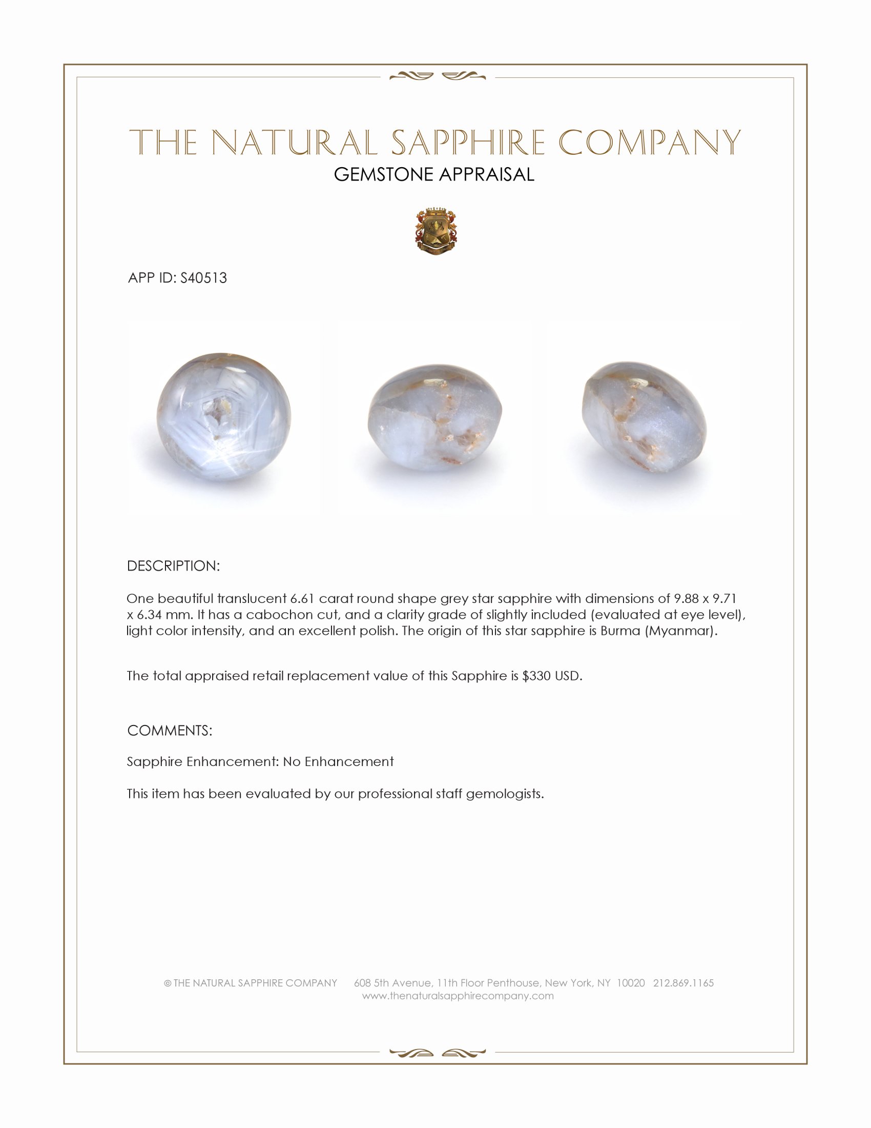 6.61 Ct. Grey Star Sapphire from Burma (Myanmar)