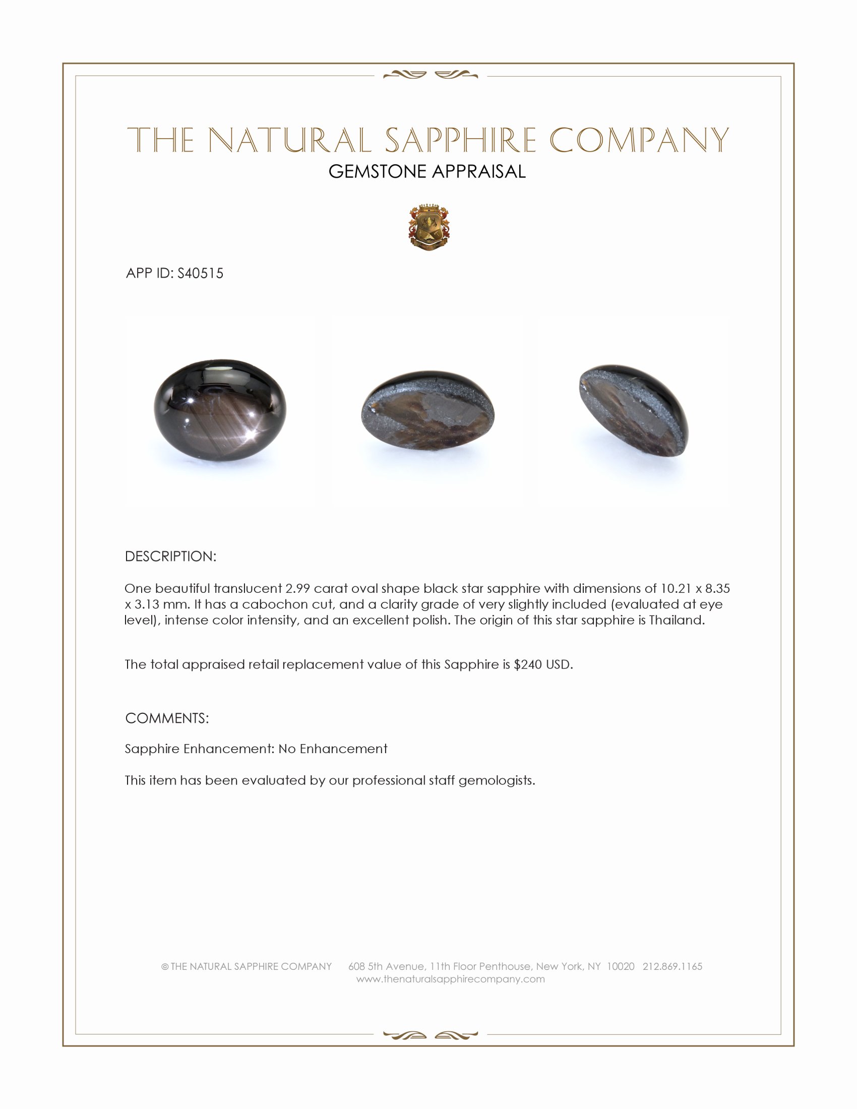 2.99 Ct. Black Star Sapphire from Thailand