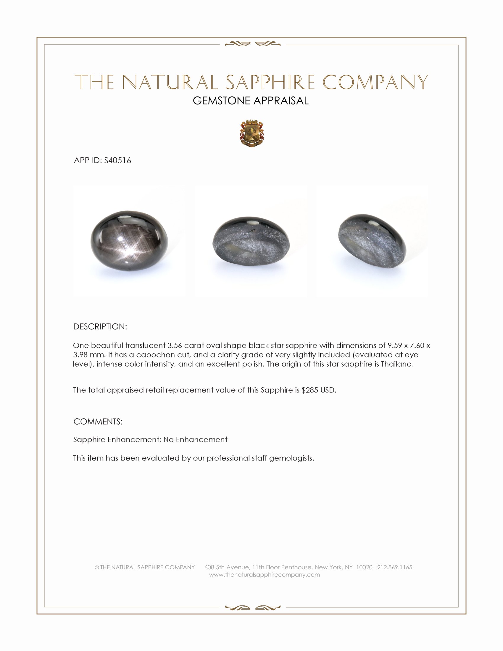 3.56 Ct. Black Star Sapphire from Thailand