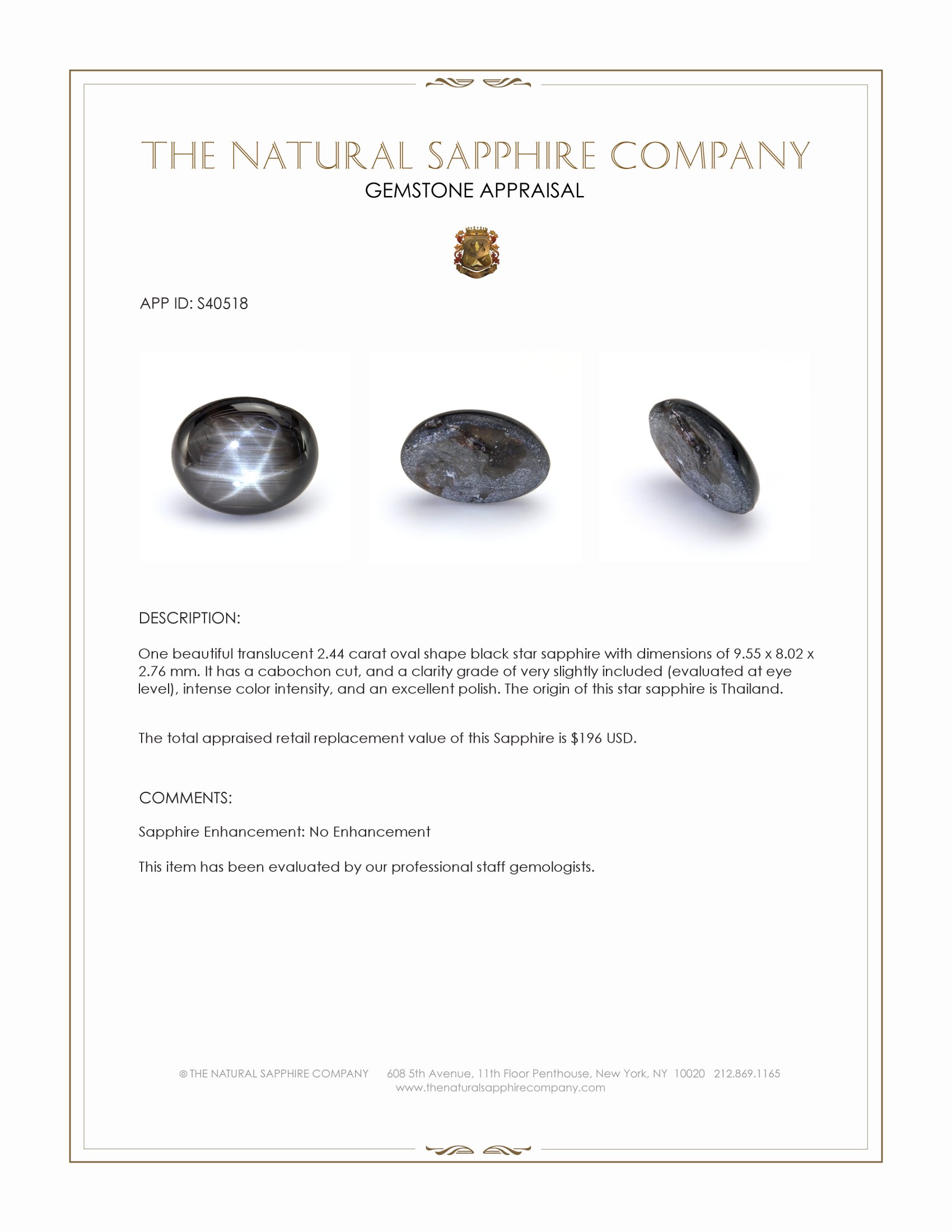 2.44 Ct. Black Star Sapphire from Thailand