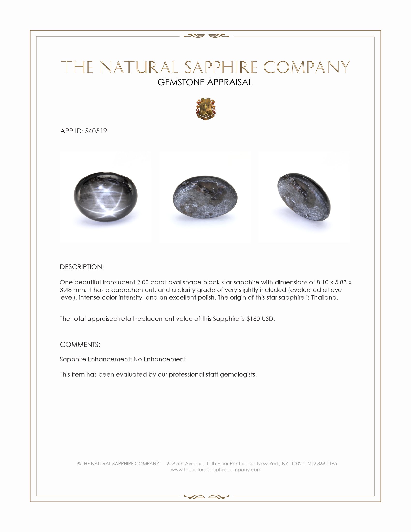 2.00 Ct. Black Star Sapphire from Thailand