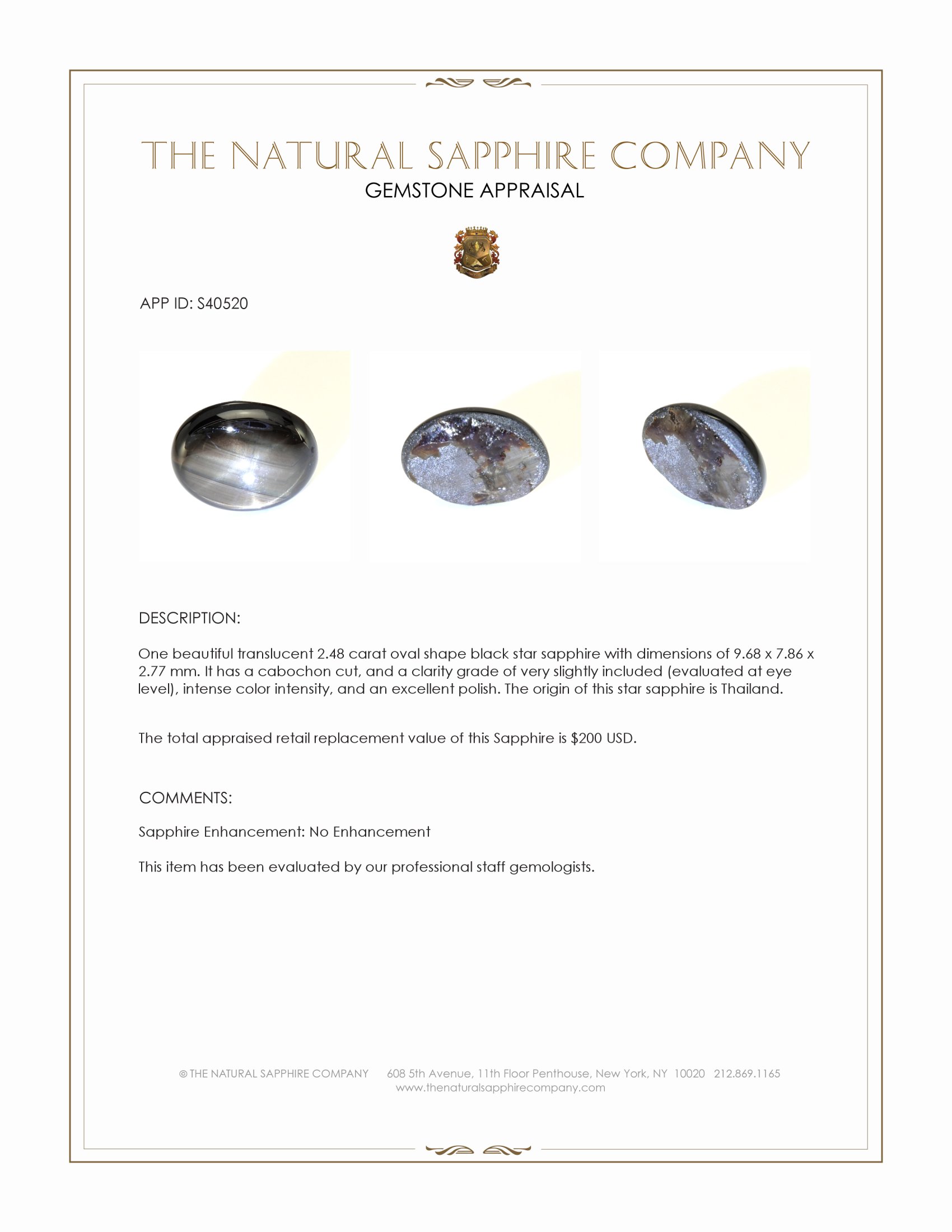 2.48 Ct. Black Star Sapphire from Thailand