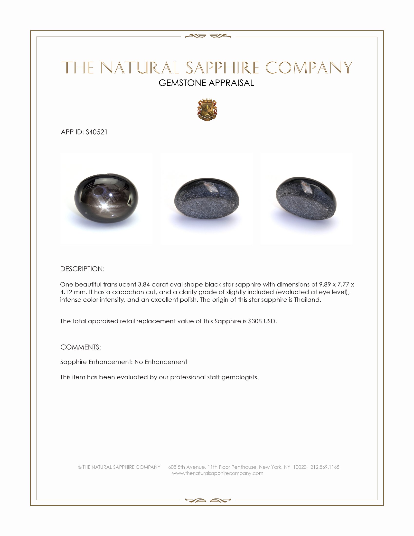 3.84 Ct. Black Star Sapphire from Thailand