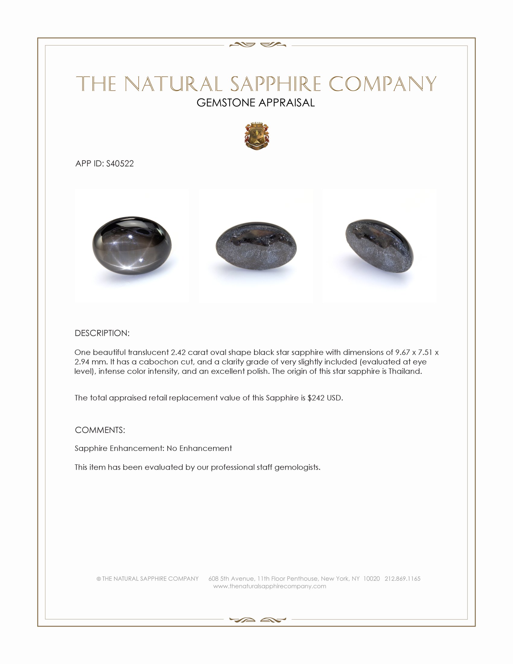 2.42 Ct. Black Star Sapphire from Thailand