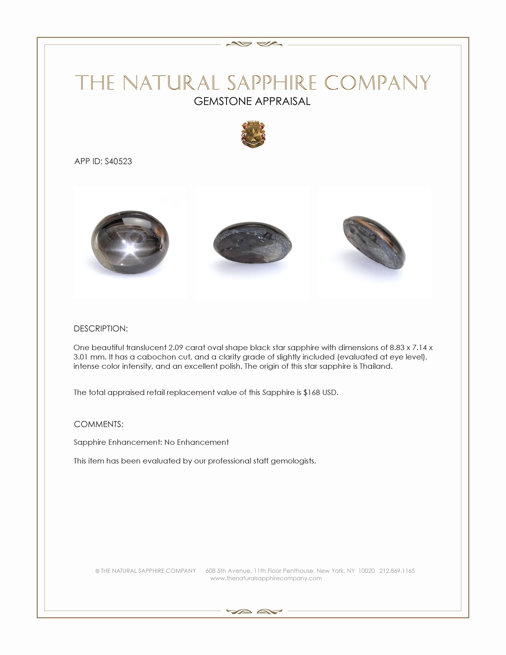 2.09 Ct. Black Star Sapphire from Thailand