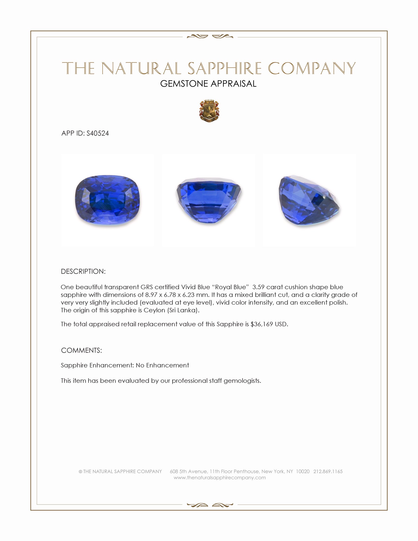 3.59 Ct. Blue Sapphire from Ceylon (Sri Lanka)