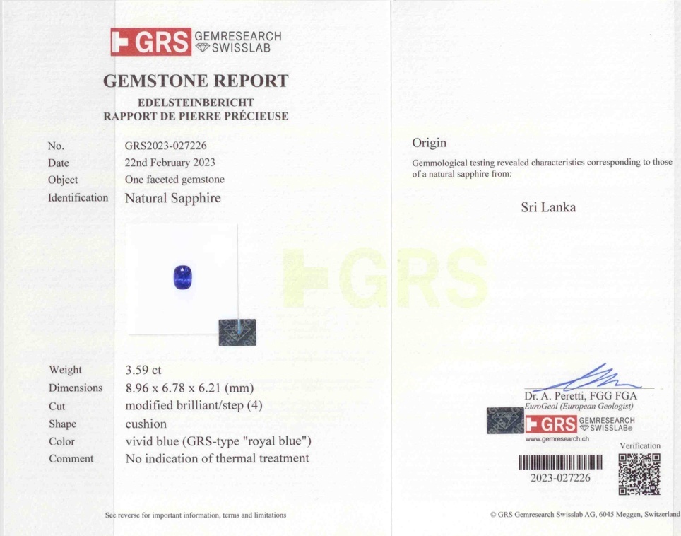 3.59 Ct. Blue Sapphire from Ceylon (Sri Lanka)