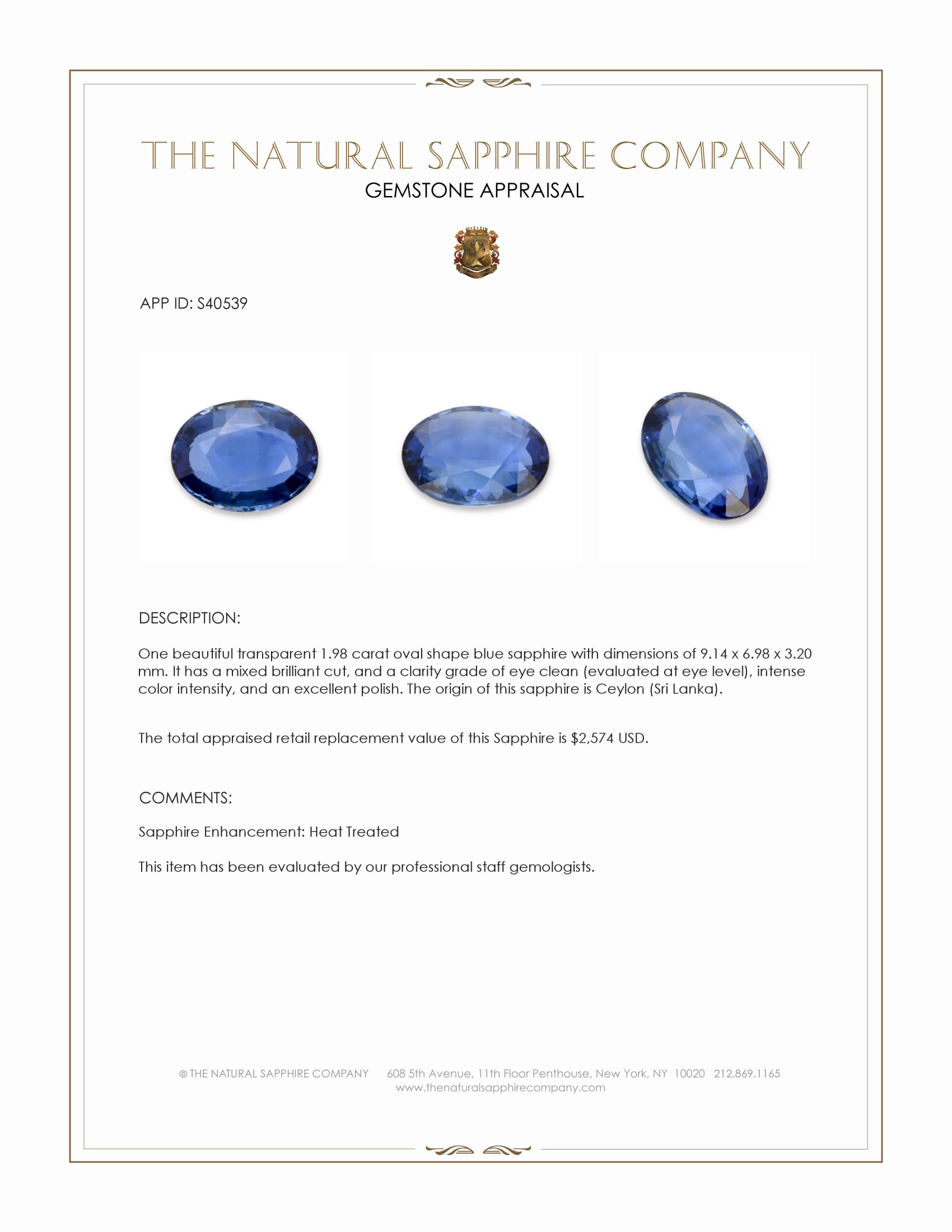 1.98 Ct. Blue Sapphire from Ceylon (Sri Lanka)