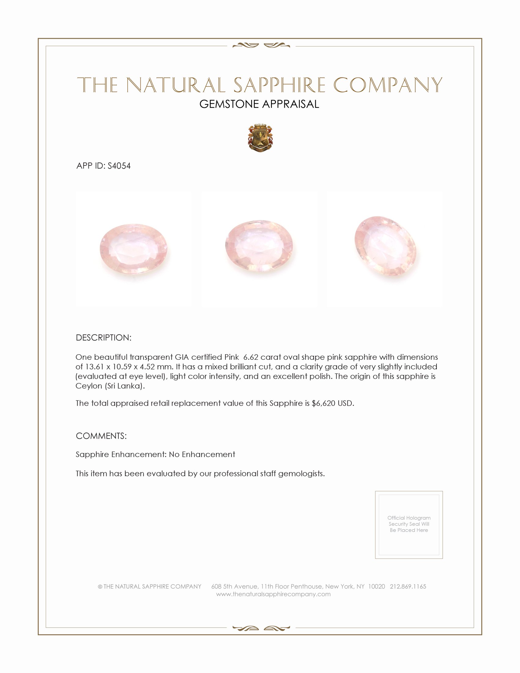 6.62 Ct. Pink Sapphire from Ceylon (Sri Lanka)