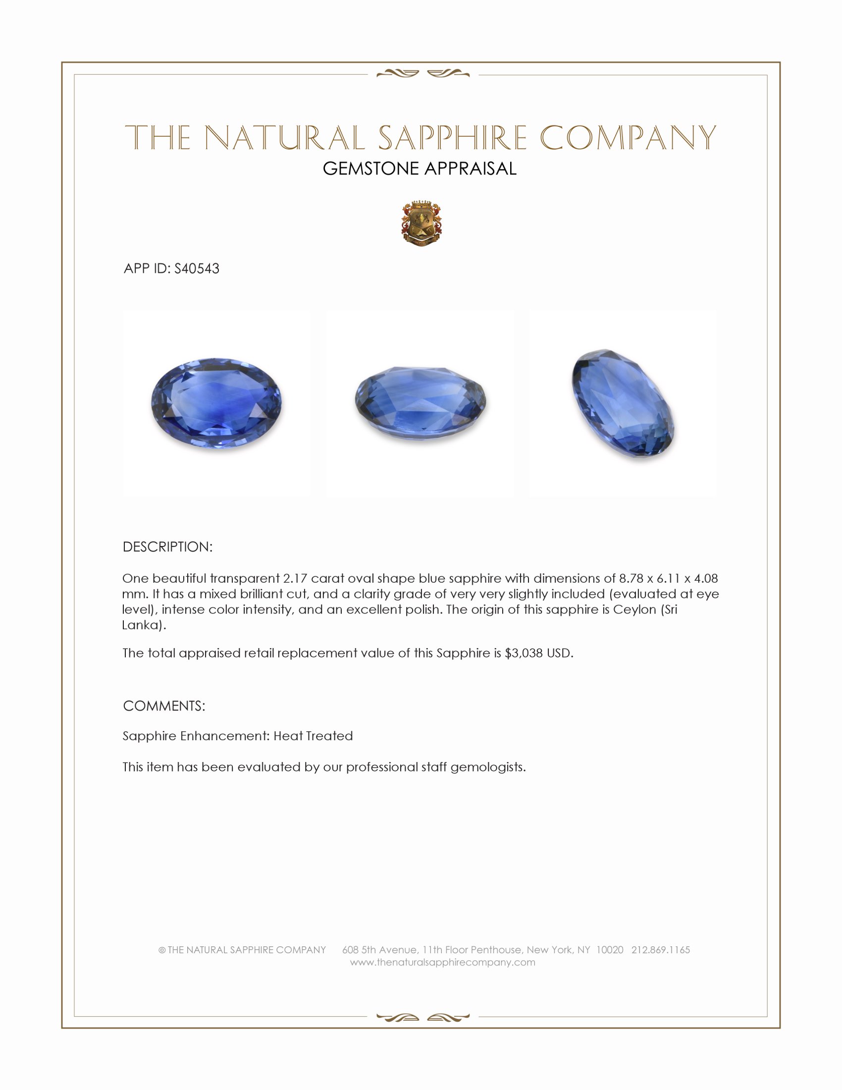 2.17 Ct. Blue Sapphire from Ceylon (Sri Lanka)