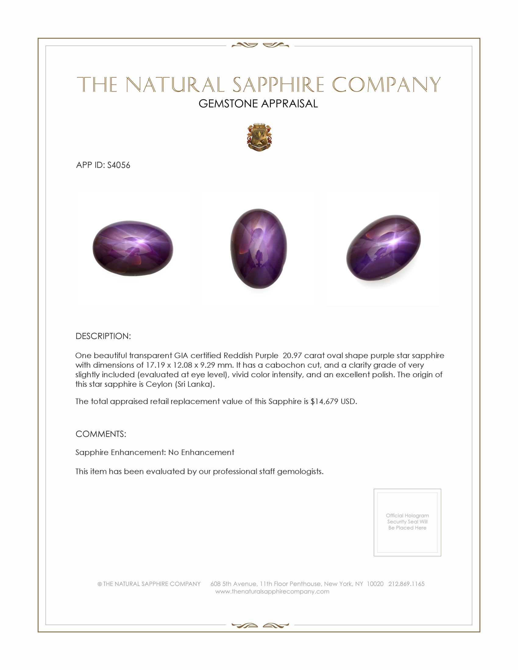 20.97 Ct. Purple Star Sapphire from Ceylon (Sri Lanka)