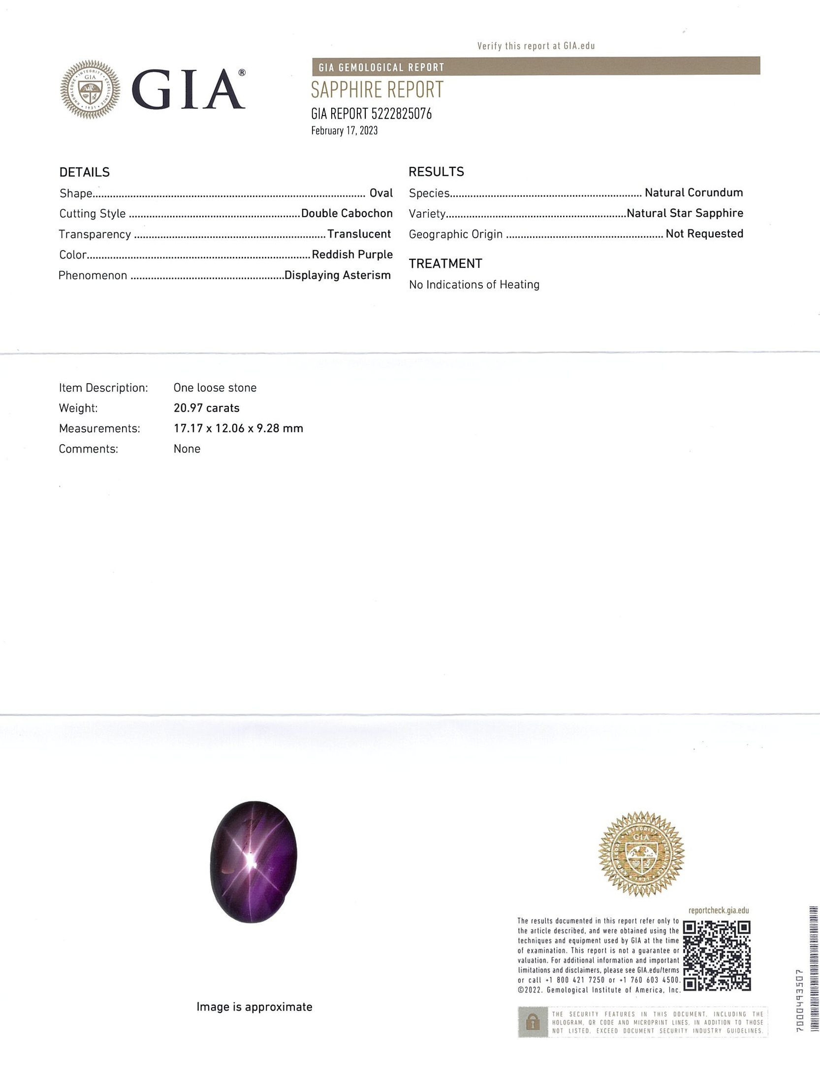 20.97 Ct. Purple Star Sapphire from Ceylon (Sri Lanka)