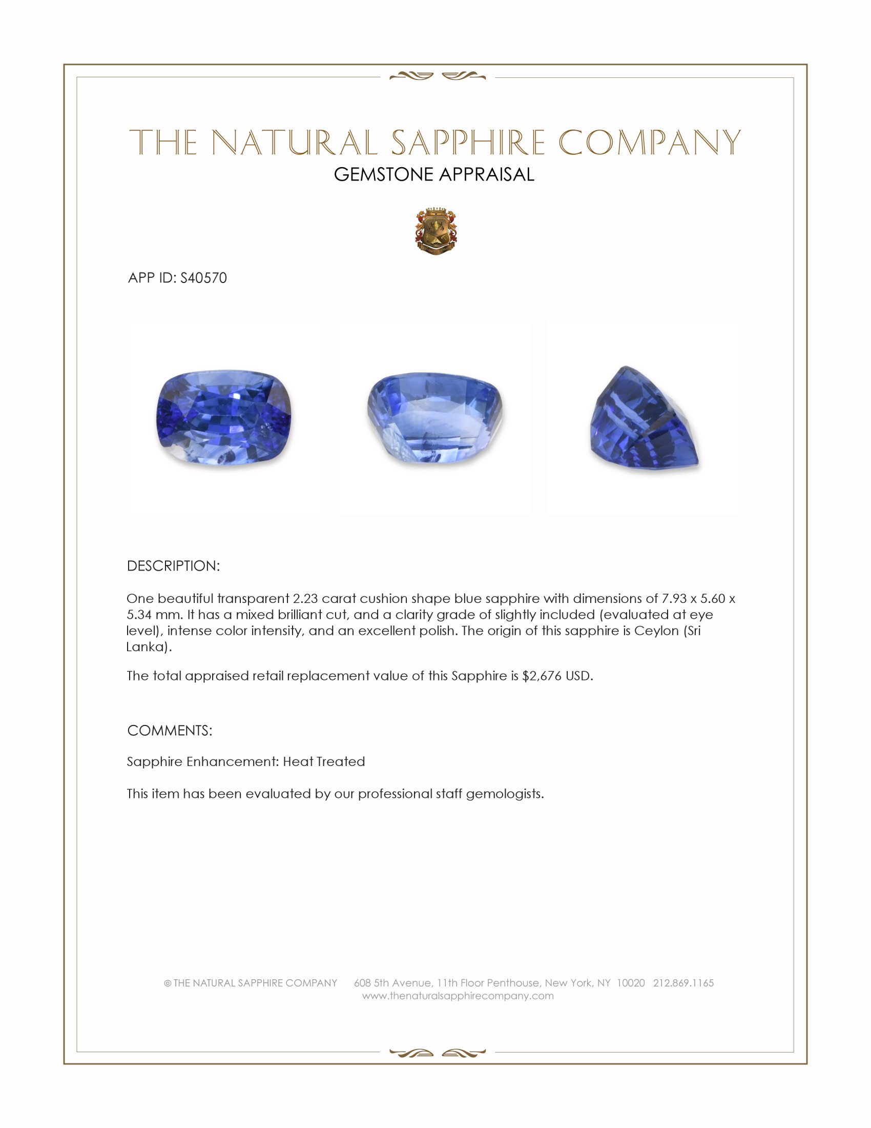 2.23 Ct. Blue Sapphire from Ceylon (Sri Lanka)