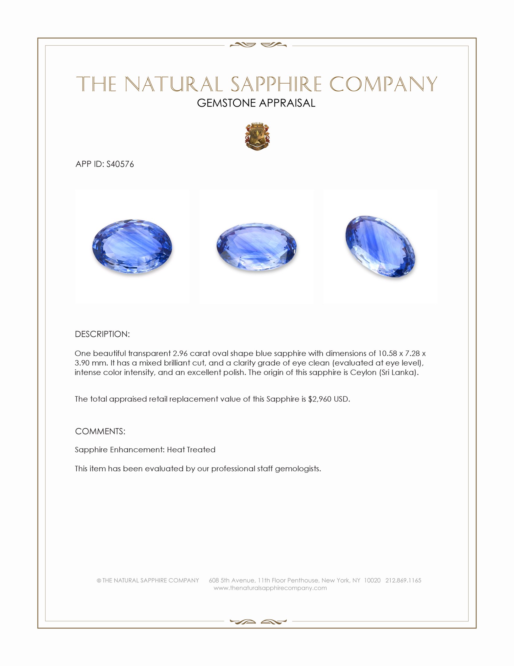 2.96 Ct. Blue Sapphire from Ceylon (Sri Lanka)