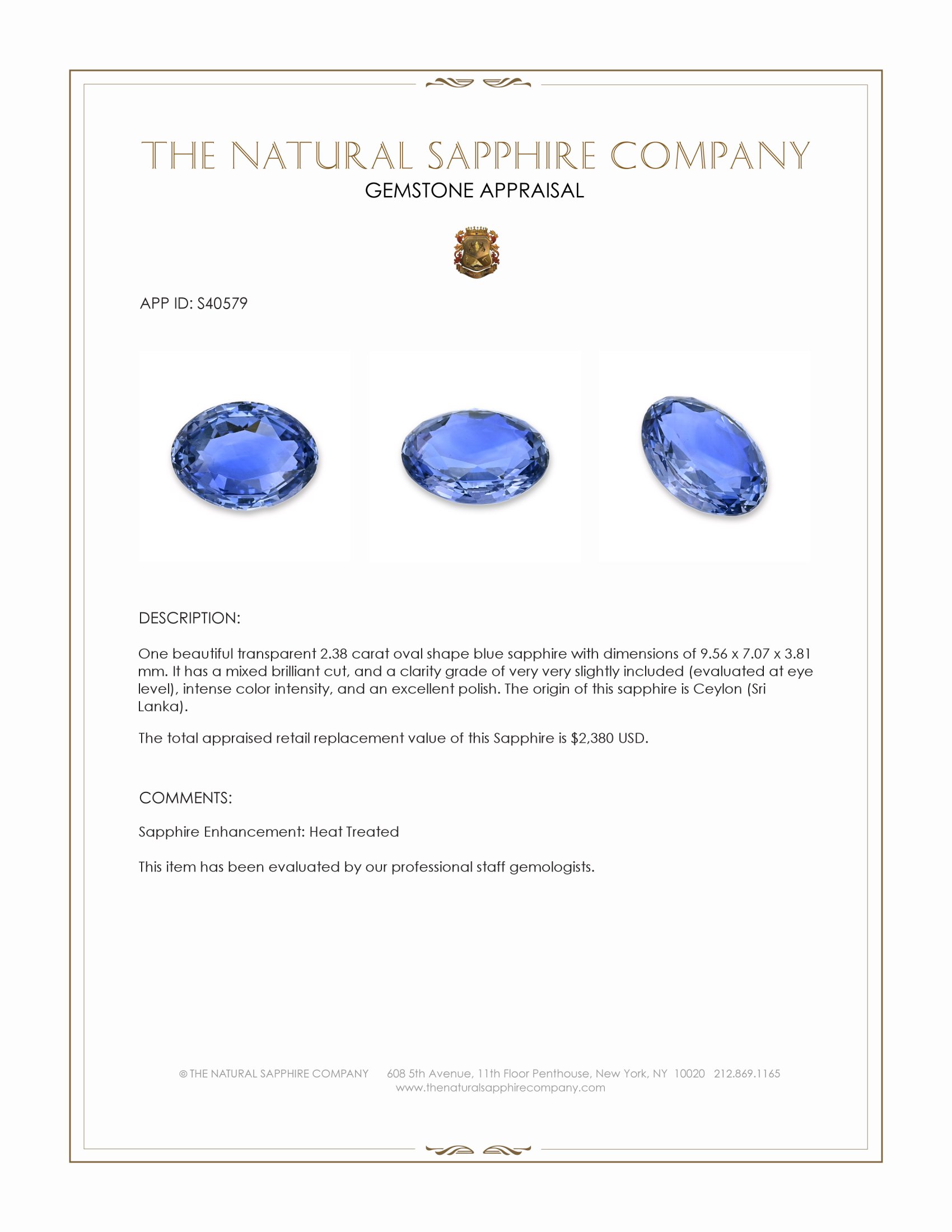 2.38 Ct. Blue Sapphire from Ceylon (Sri Lanka)