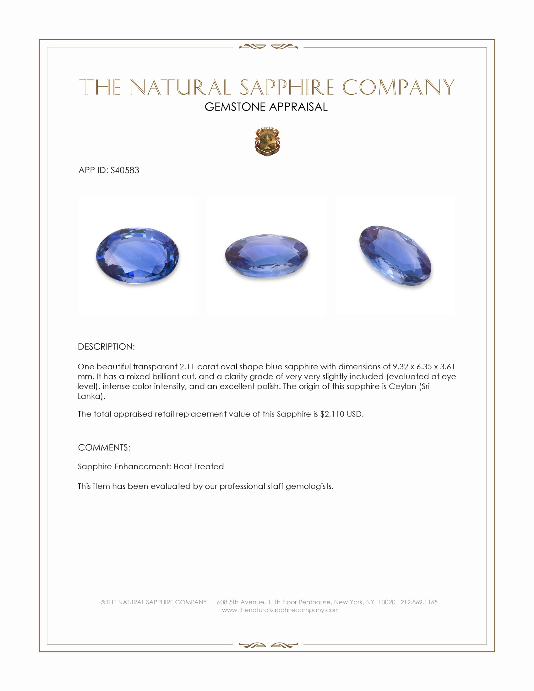 2.11 Ct. Blue Sapphire from Ceylon (Sri Lanka)