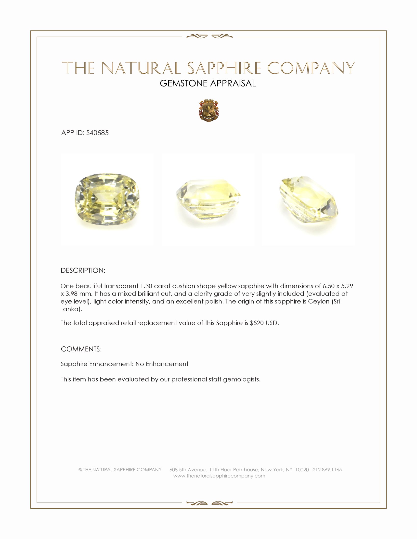 1.30 Ct. Yellow Sapphire from Ceylon (Sri Lanka)