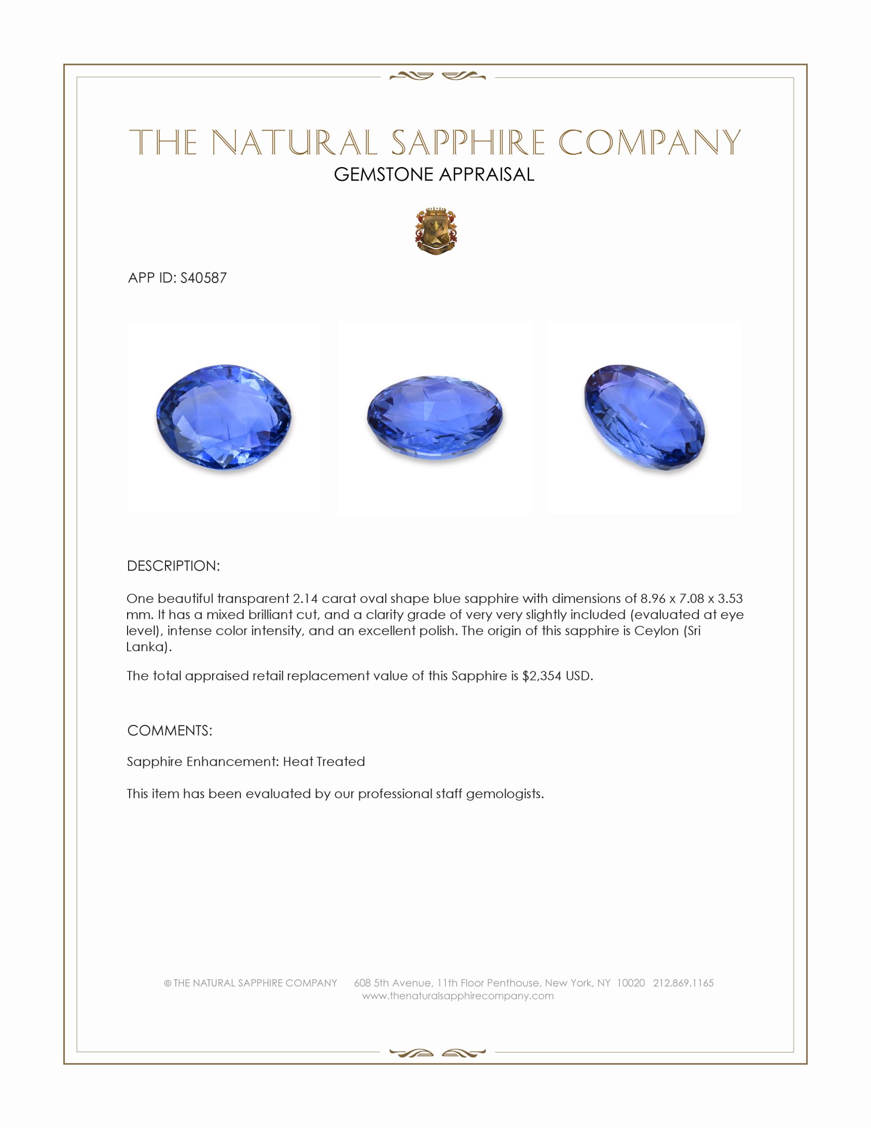 2.14 Ct. Blue Sapphire from Ceylon (Sri Lanka)