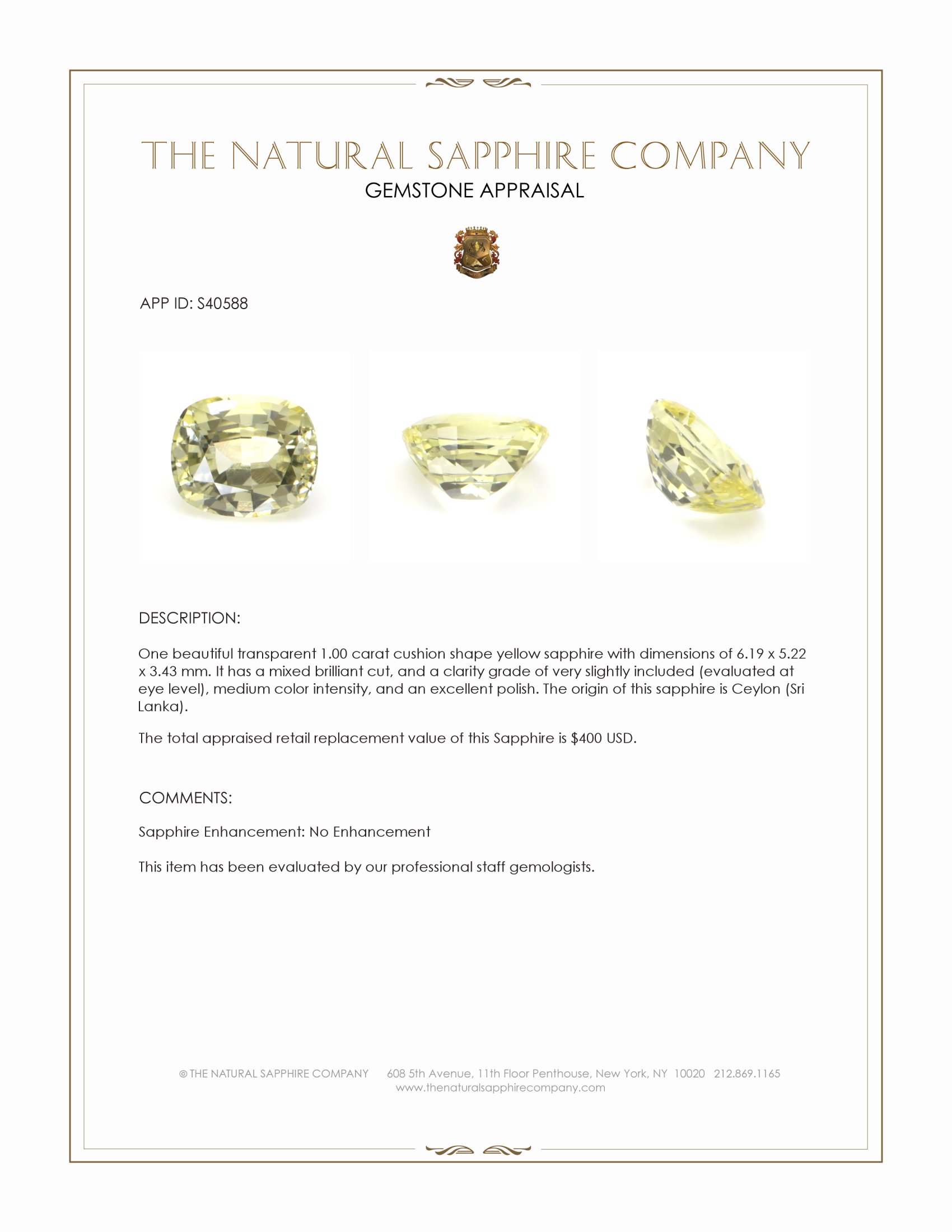 1.00 Ct. Yellow Sapphire from Ceylon (Sri Lanka)