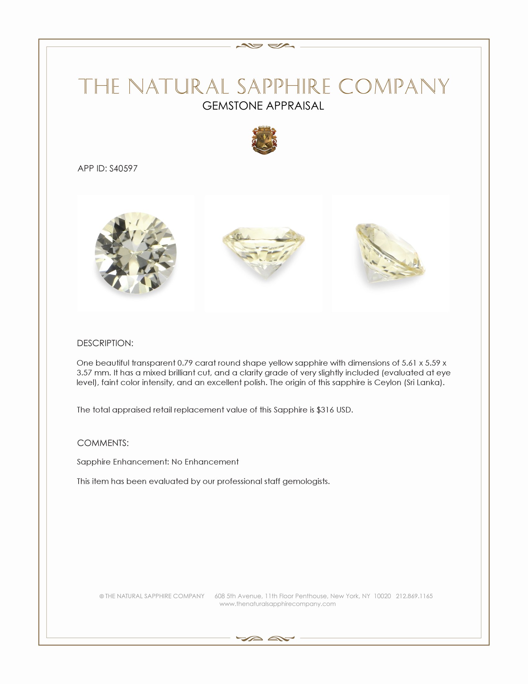 0.79 Ct. Yellow Sapphire from Ceylon (Sri Lanka)
