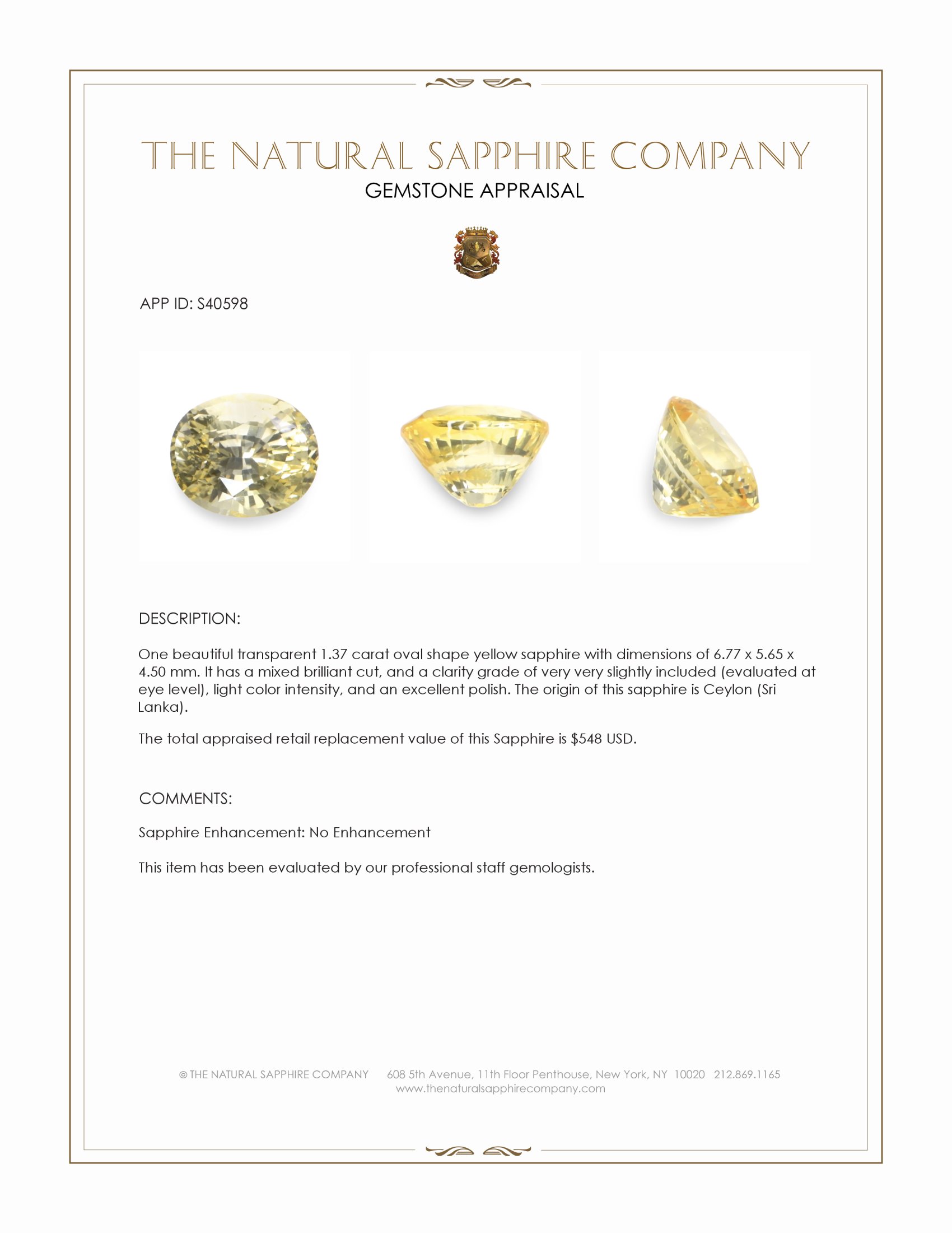 1.37 Ct. Yellow Sapphire from Ceylon (Sri Lanka)
